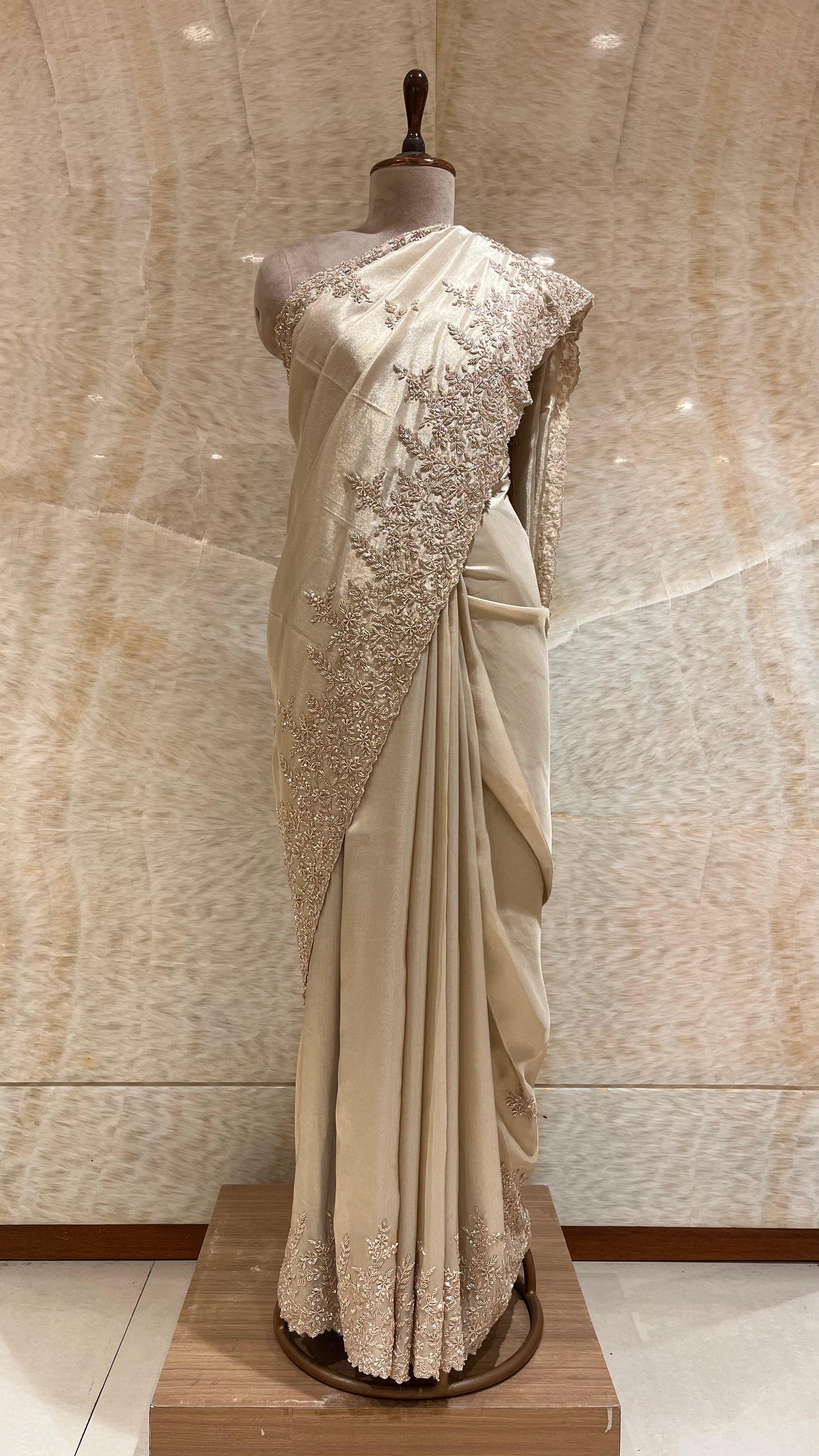 ELEGANT BEIGE EMBROIDERED SAREE
