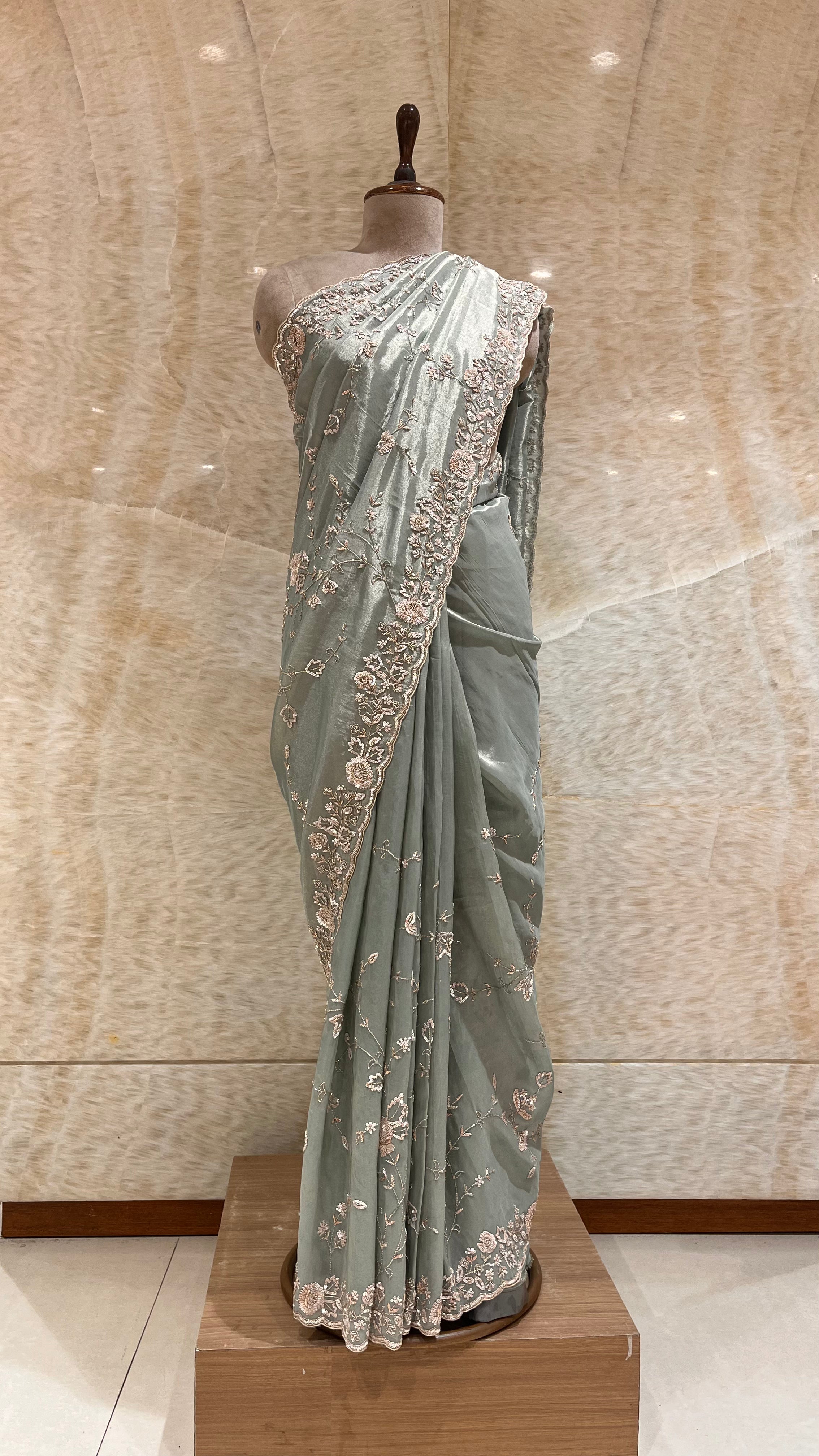 ELEGANT PASTEL GREEN EMBROIDERED DESIGNER SAREE