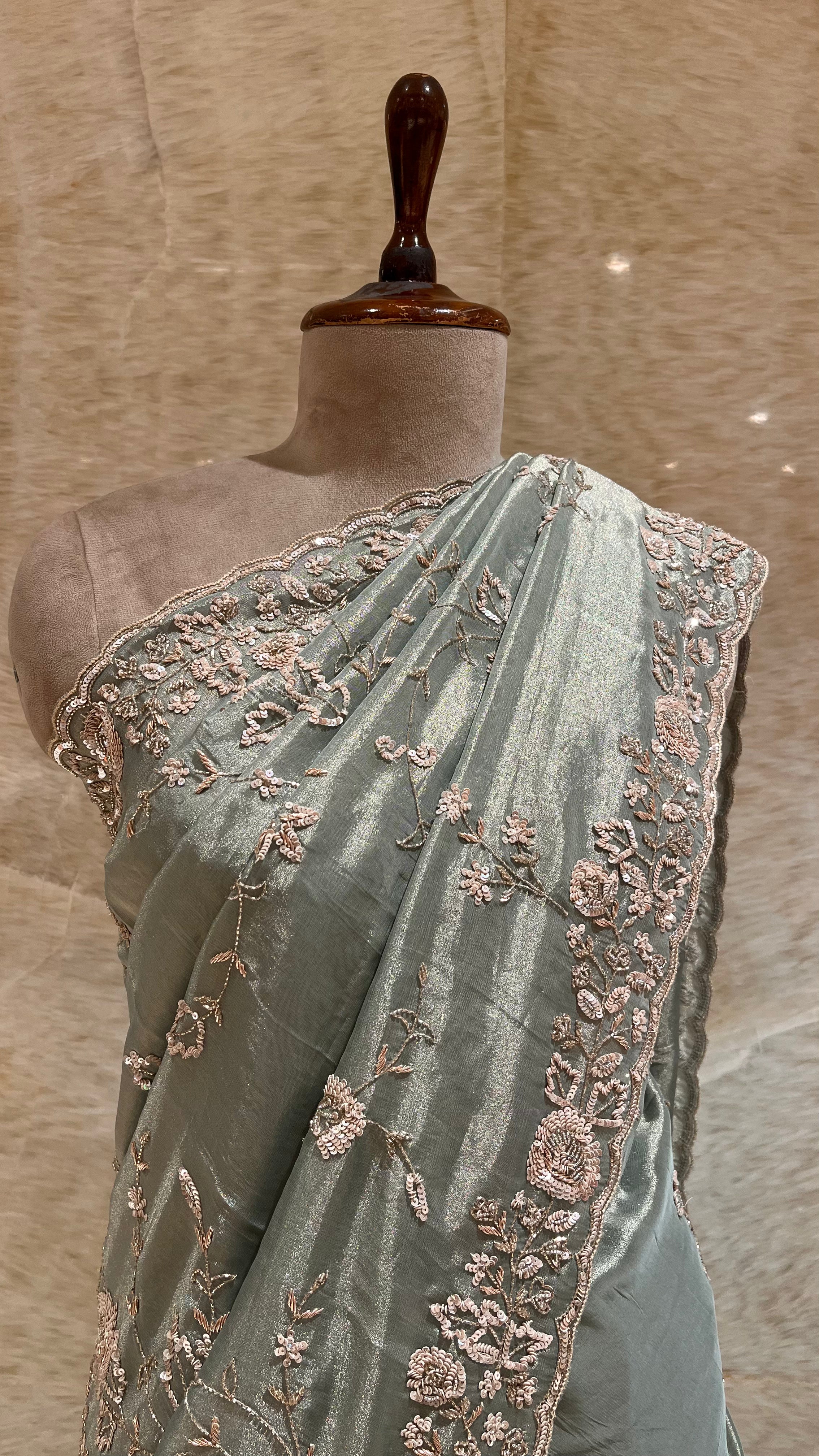 ELEGANT PASTEL GREEN EMBROIDERED DESIGNER SAREE