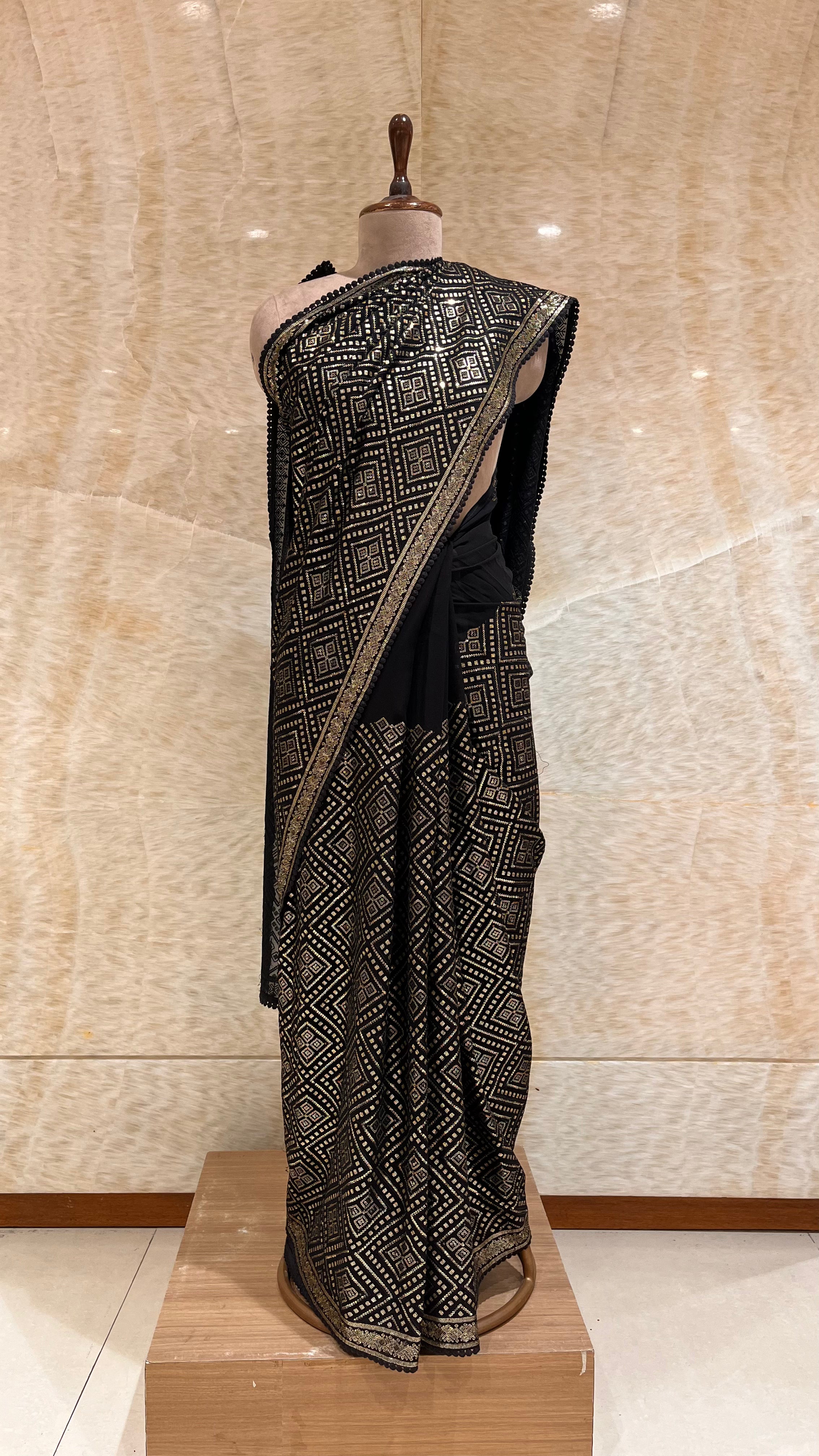 CLASSIC BLACK GEOMETRIC EMBROIDERED DESIGNER SAREE