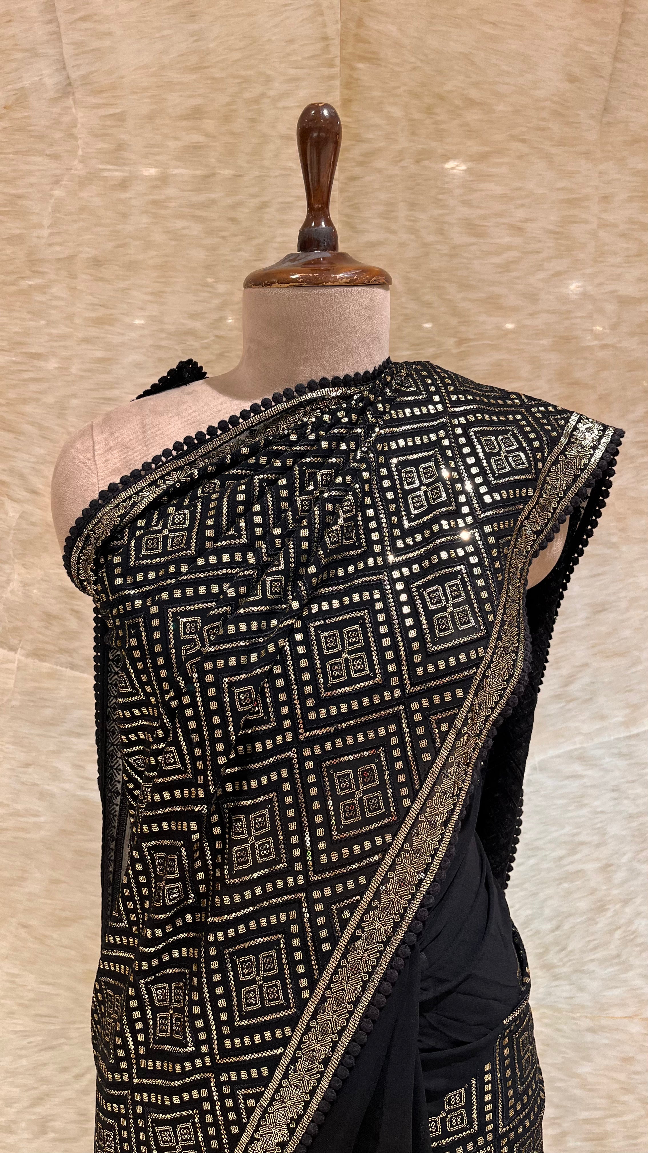 CLASSIC BLACK GEOMETRIC EMBROIDERED DESIGNER SAREE