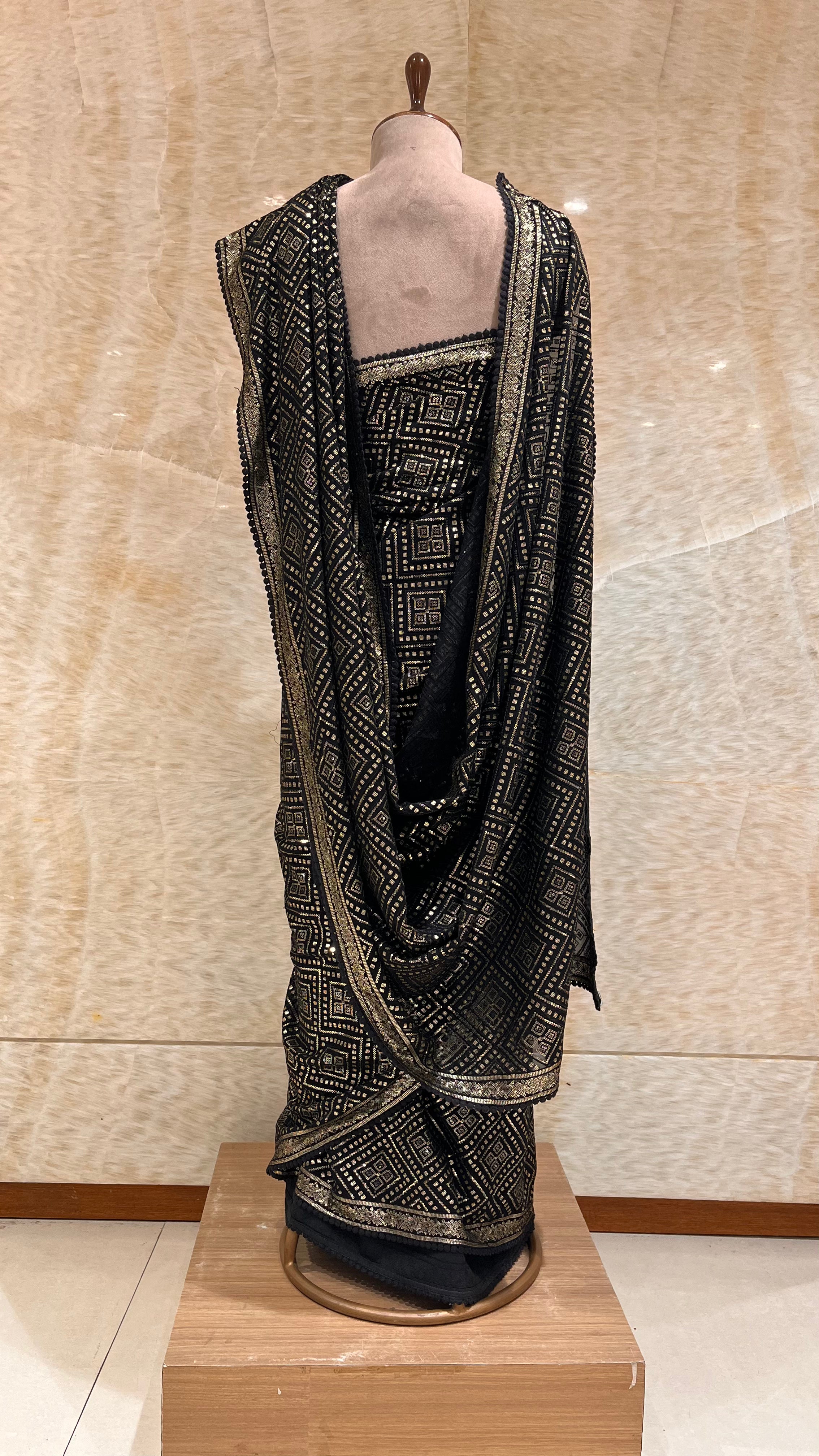 CLASSIC BLACK GEOMETRIC EMBROIDERED DESIGNER SAREE