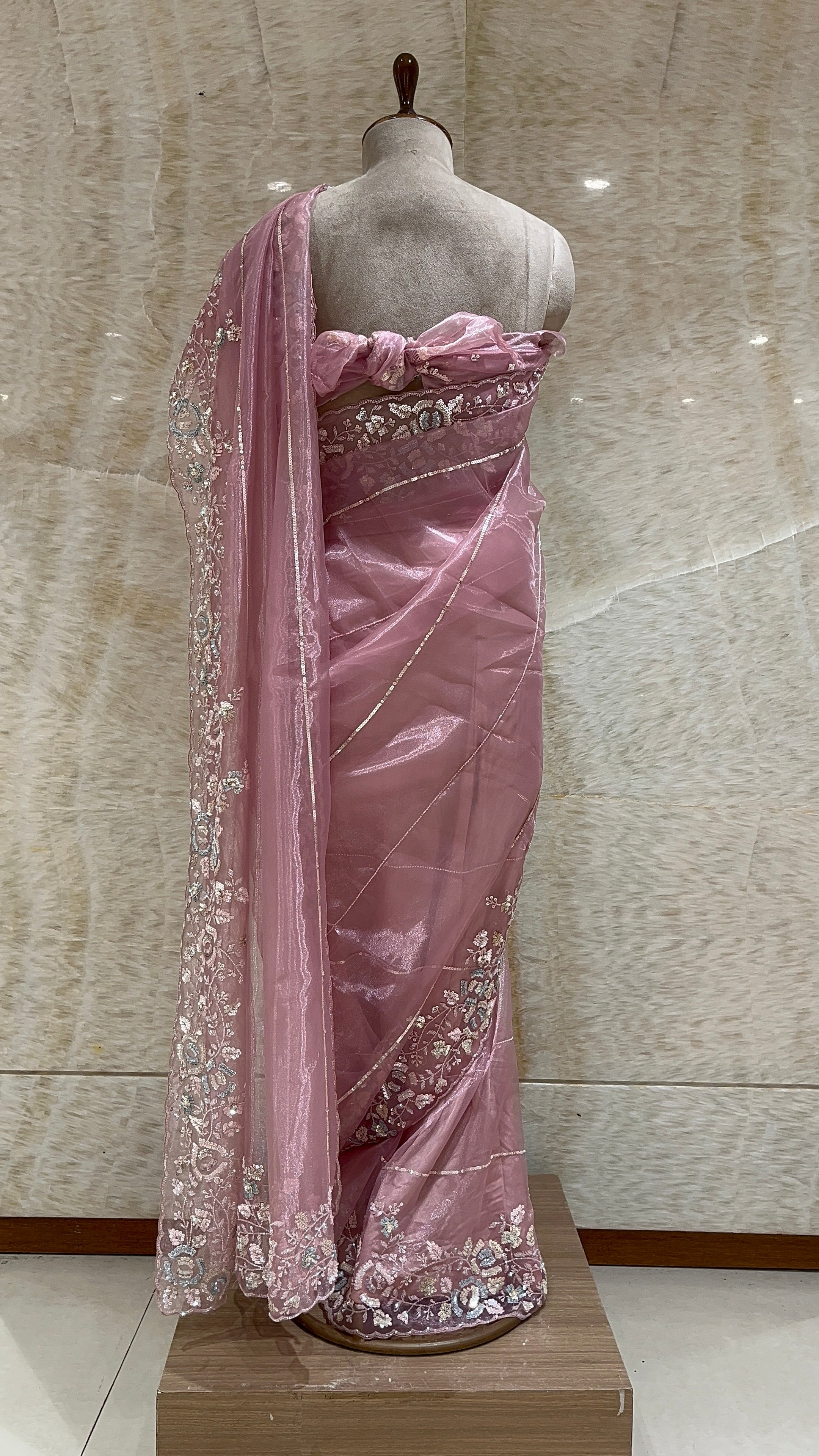 ELEGANT PINK NET SAREE WITH HEAVY EMBROIDERY