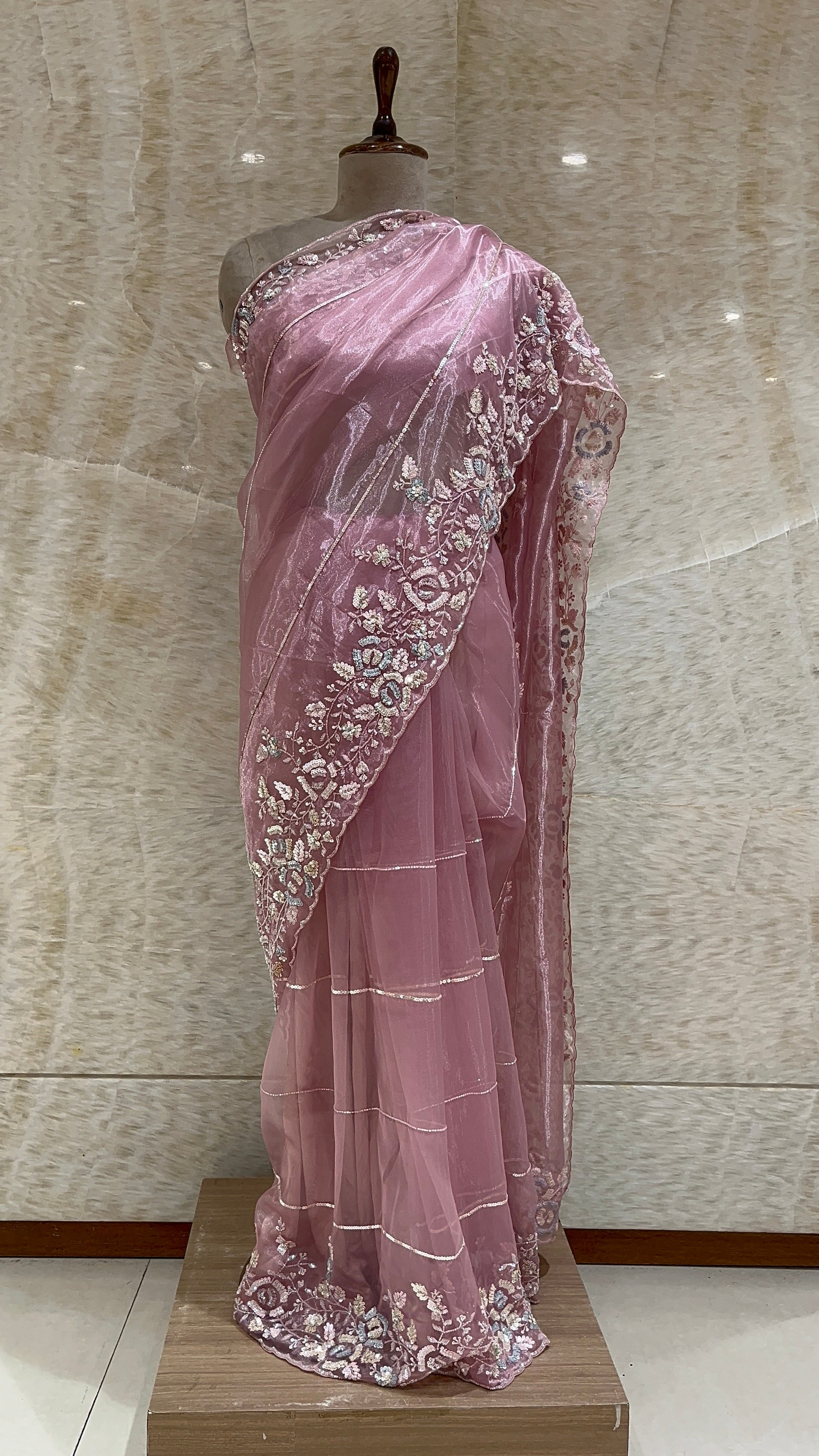 ELEGANT PINK NET SAREE WITH HEAVY EMBROIDERY