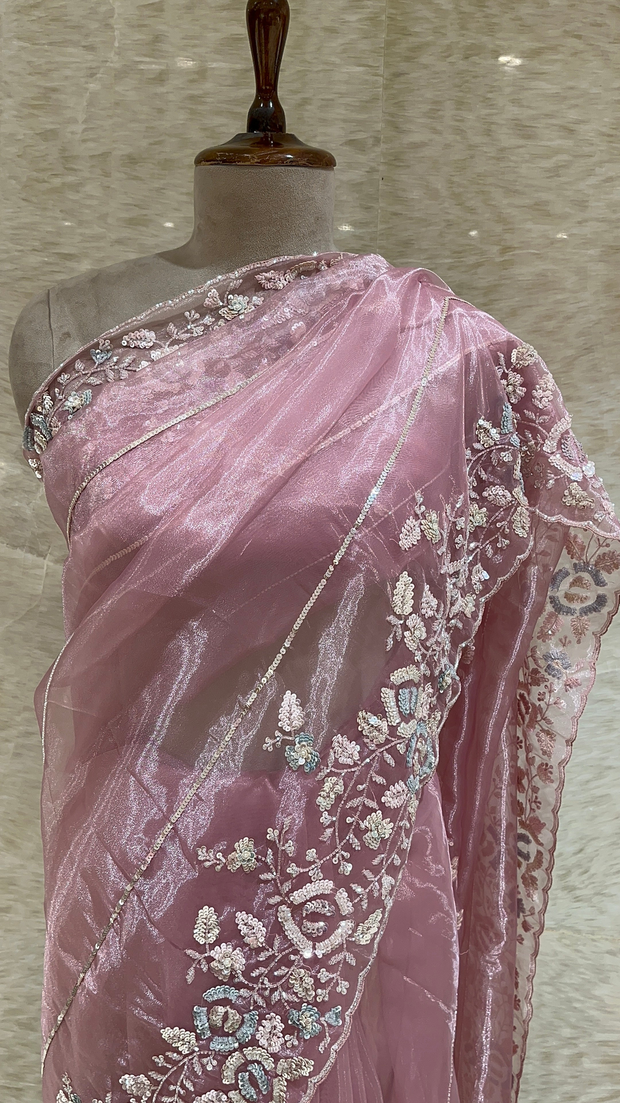 ELEGANT PINK NET SAREE WITH HEAVY EMBROIDERY