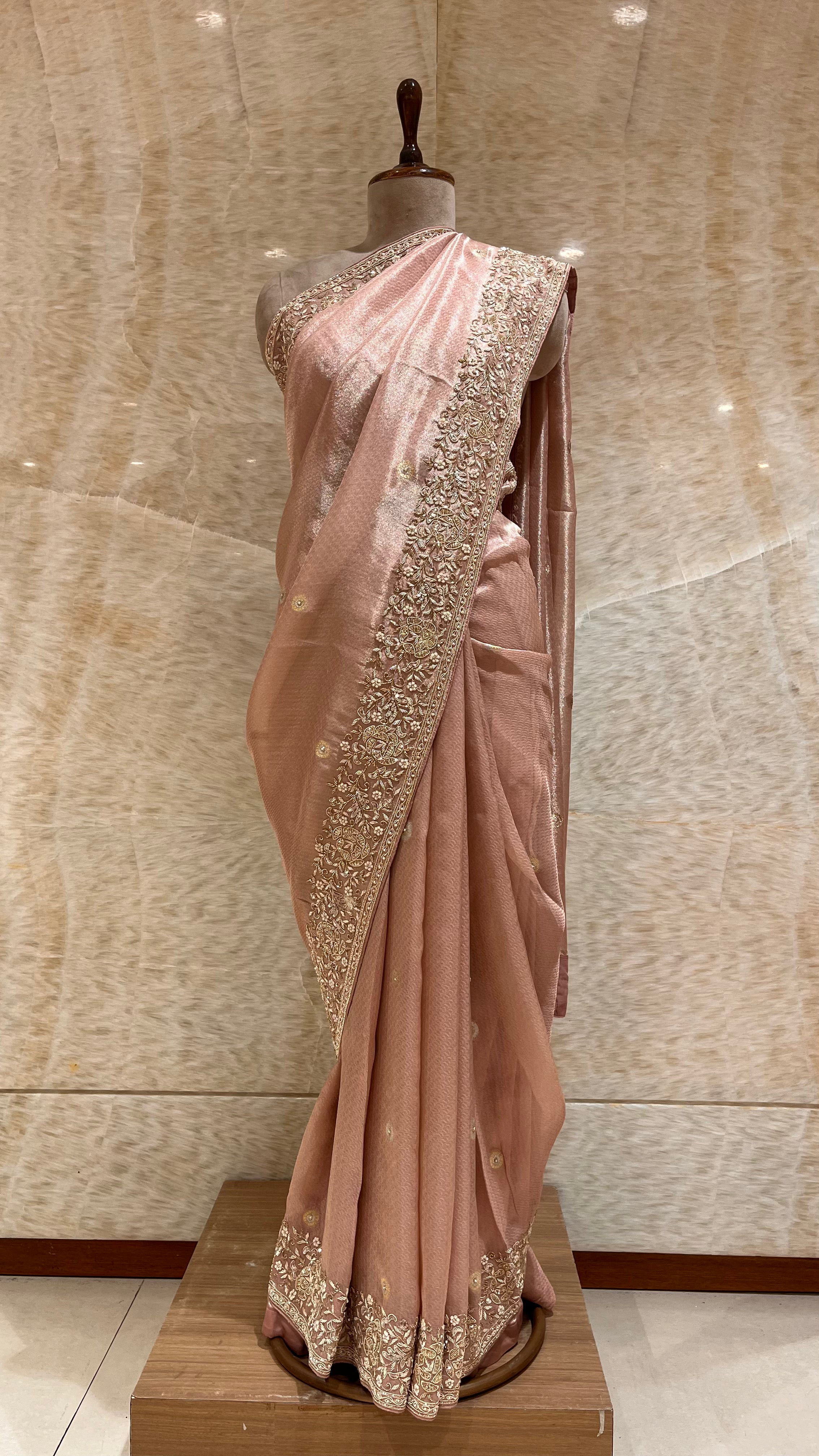 ELEGANT PEACH PINK EMBROIDERED DESIGNER SAREE