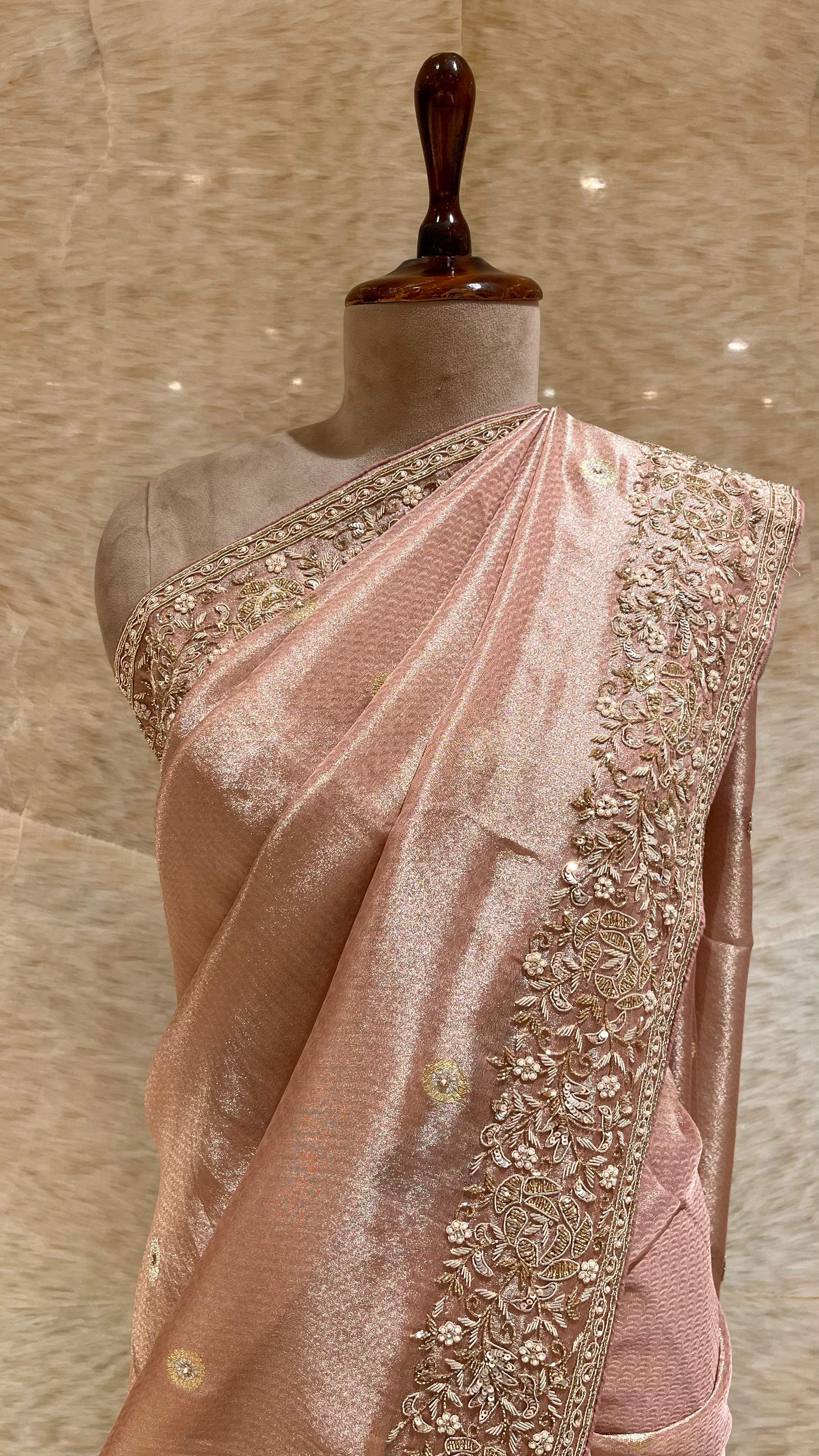 ELEGANT PEACH PINK EMBROIDERED DESIGNER SAREE