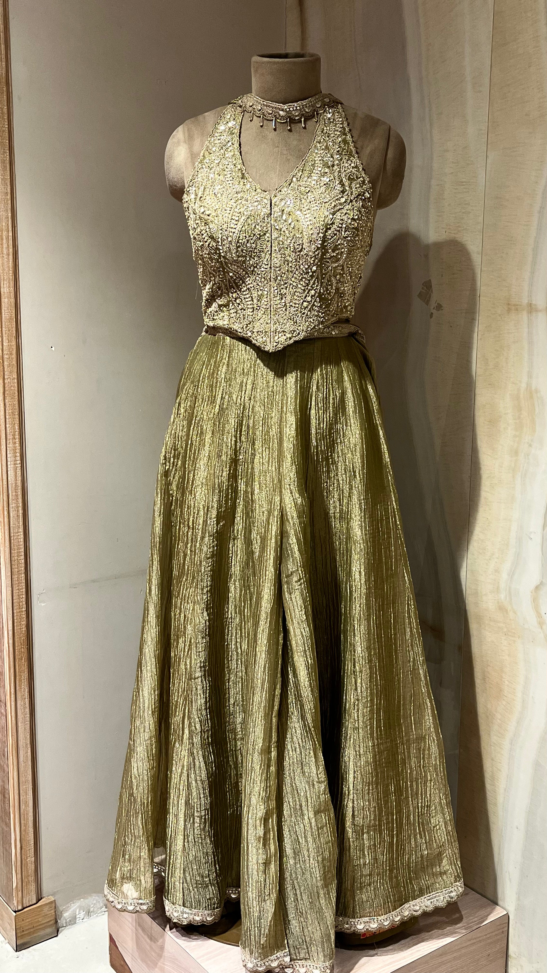 OLIVE GREEN & GOLDEN READYMADE SHARARA SUIT