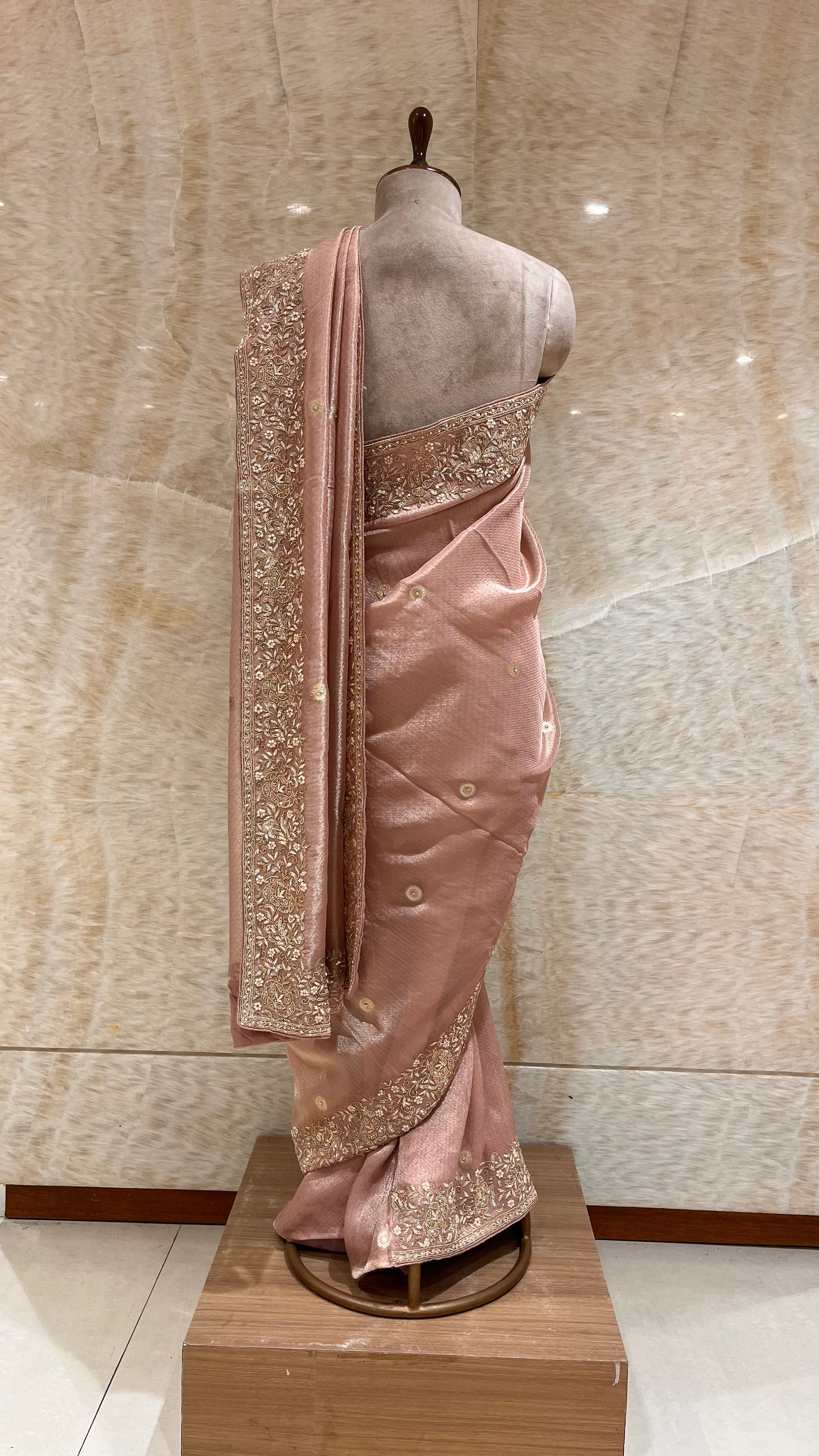 ELEGANT PEACH PINK EMBROIDERED DESIGNER SAREE