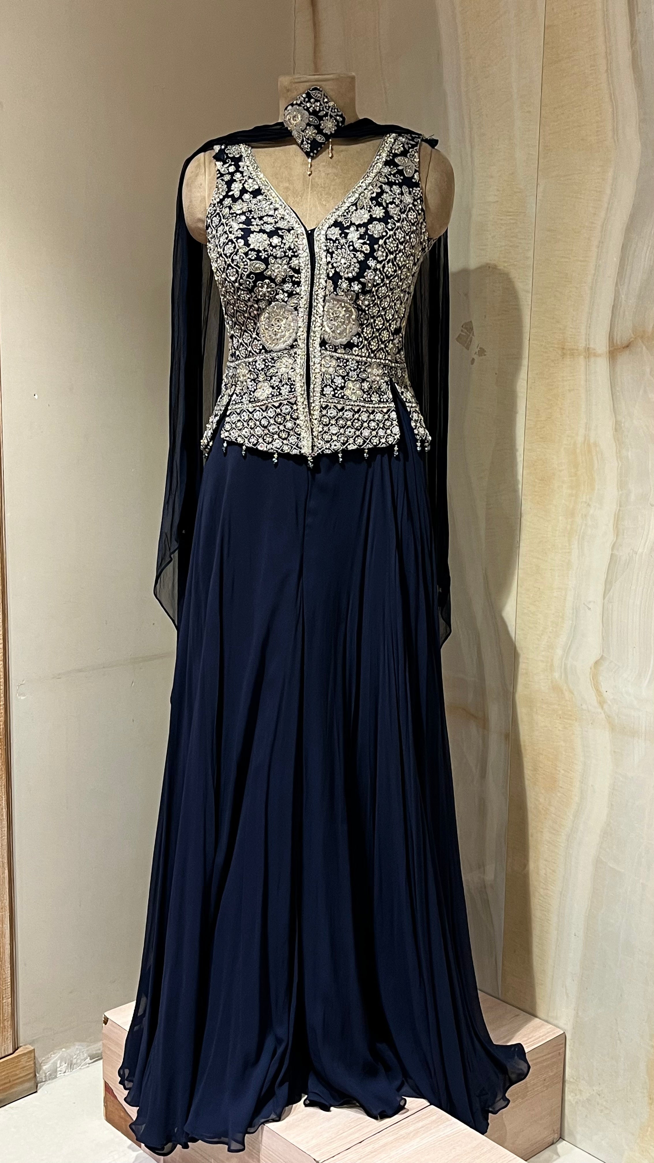 NAVY BLUE EMBROIDERED READYMADE SHARARA SUIT