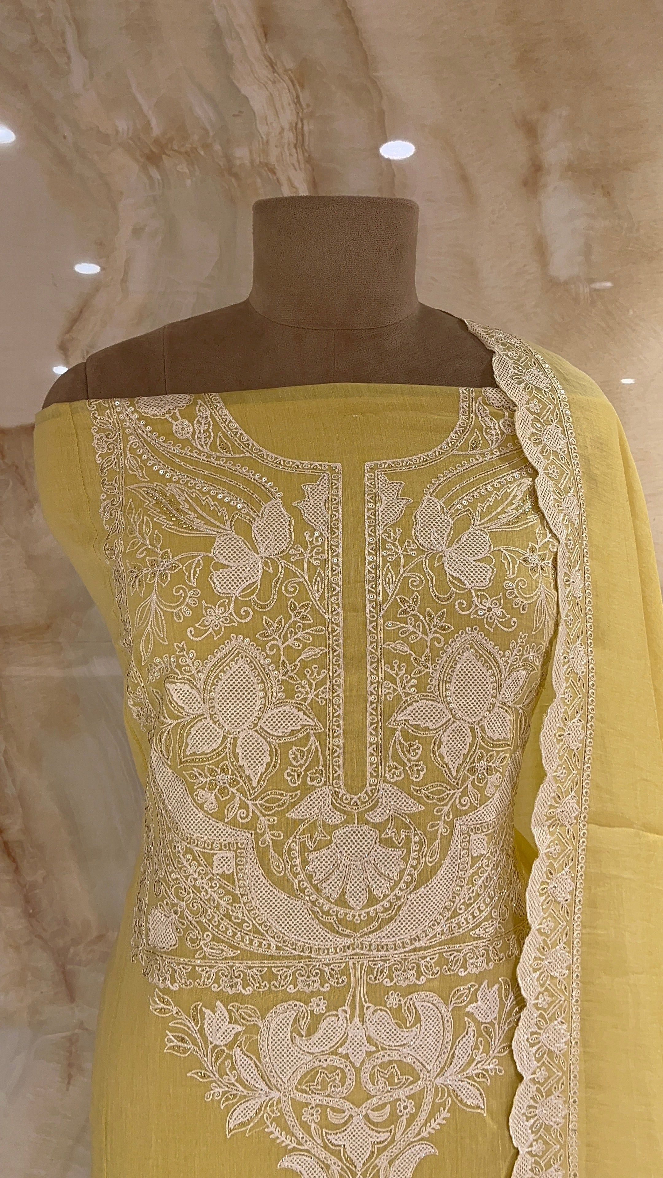 ELEGANT MUSTARD YELLOW UNSTITCHED SUIT WITH WHITE THREAD EMBROIDERY
