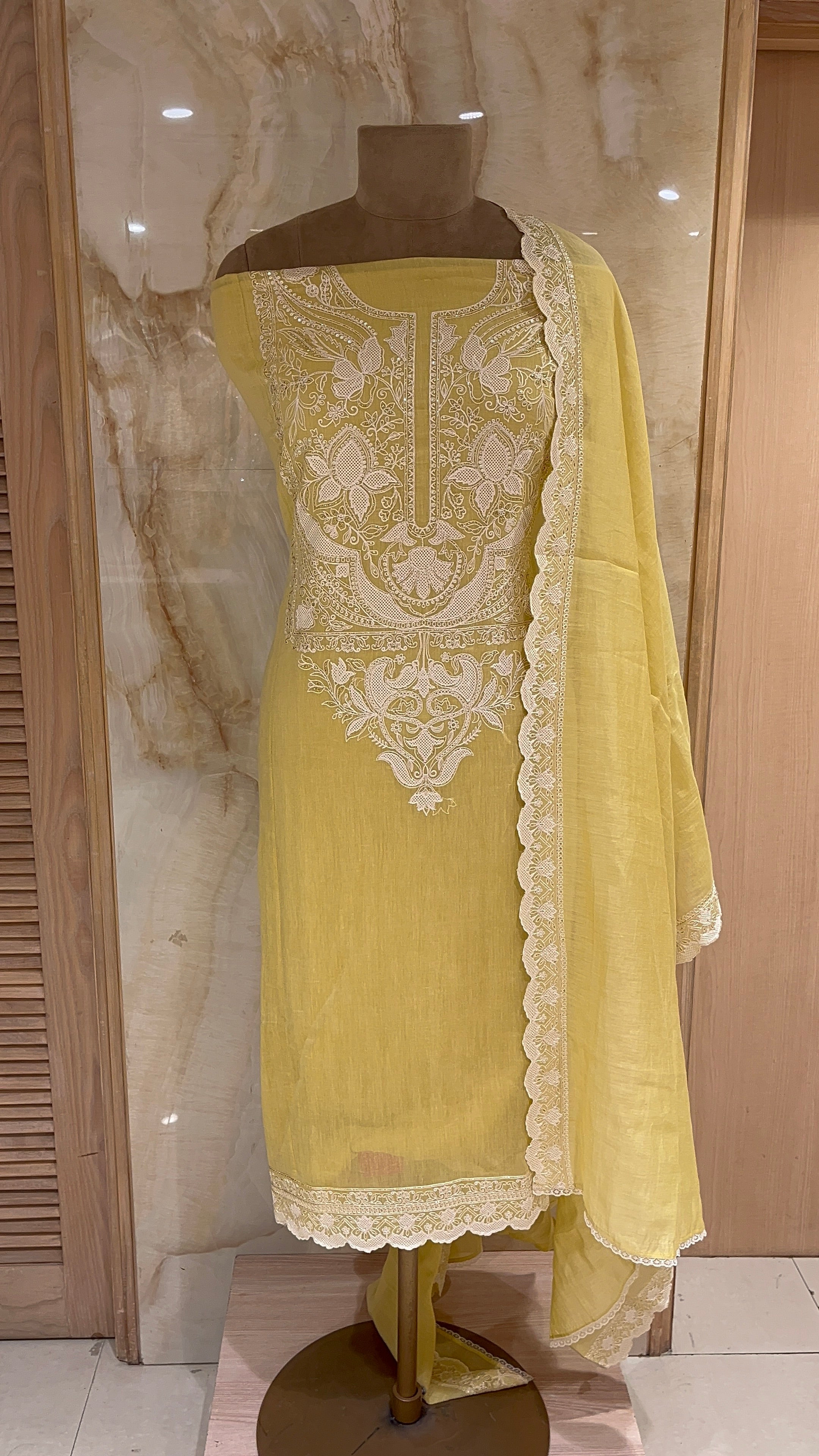 ELEGANT MUSTARD YELLOW UNSTITCHED SUIT WITH WHITE THREAD EMBROIDERY