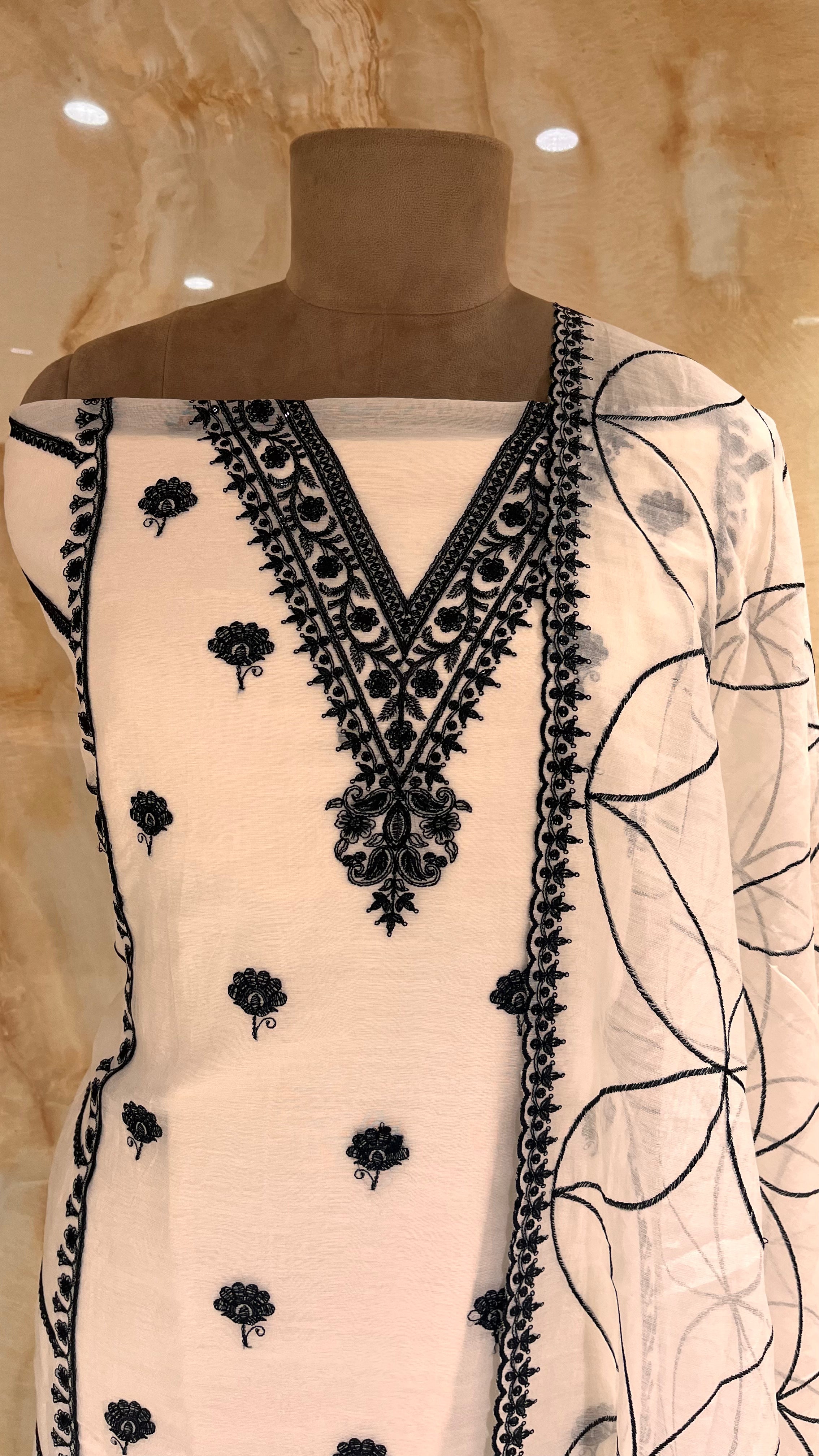 ELEGANT OFF-WHITE & BLACK EMBROIDERED UNSTITCHED SUIT SET