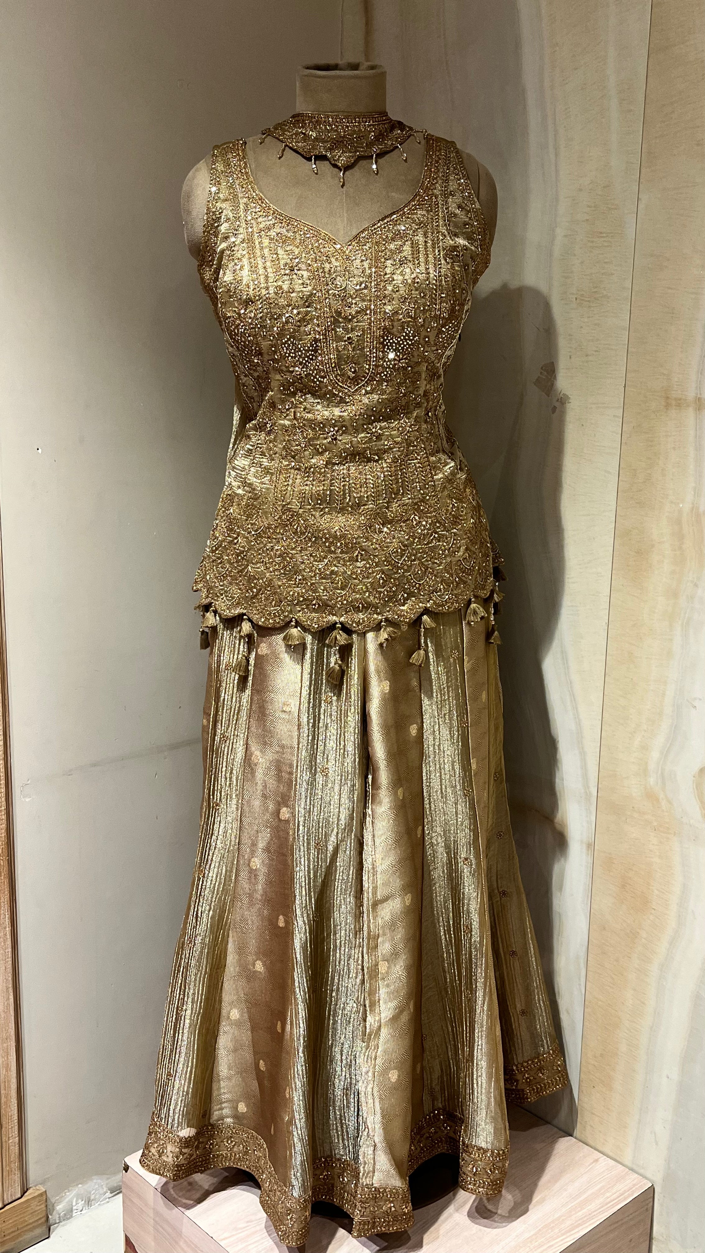 GOLDEN EMBROIDERED READYMADE SHARARA SUIT