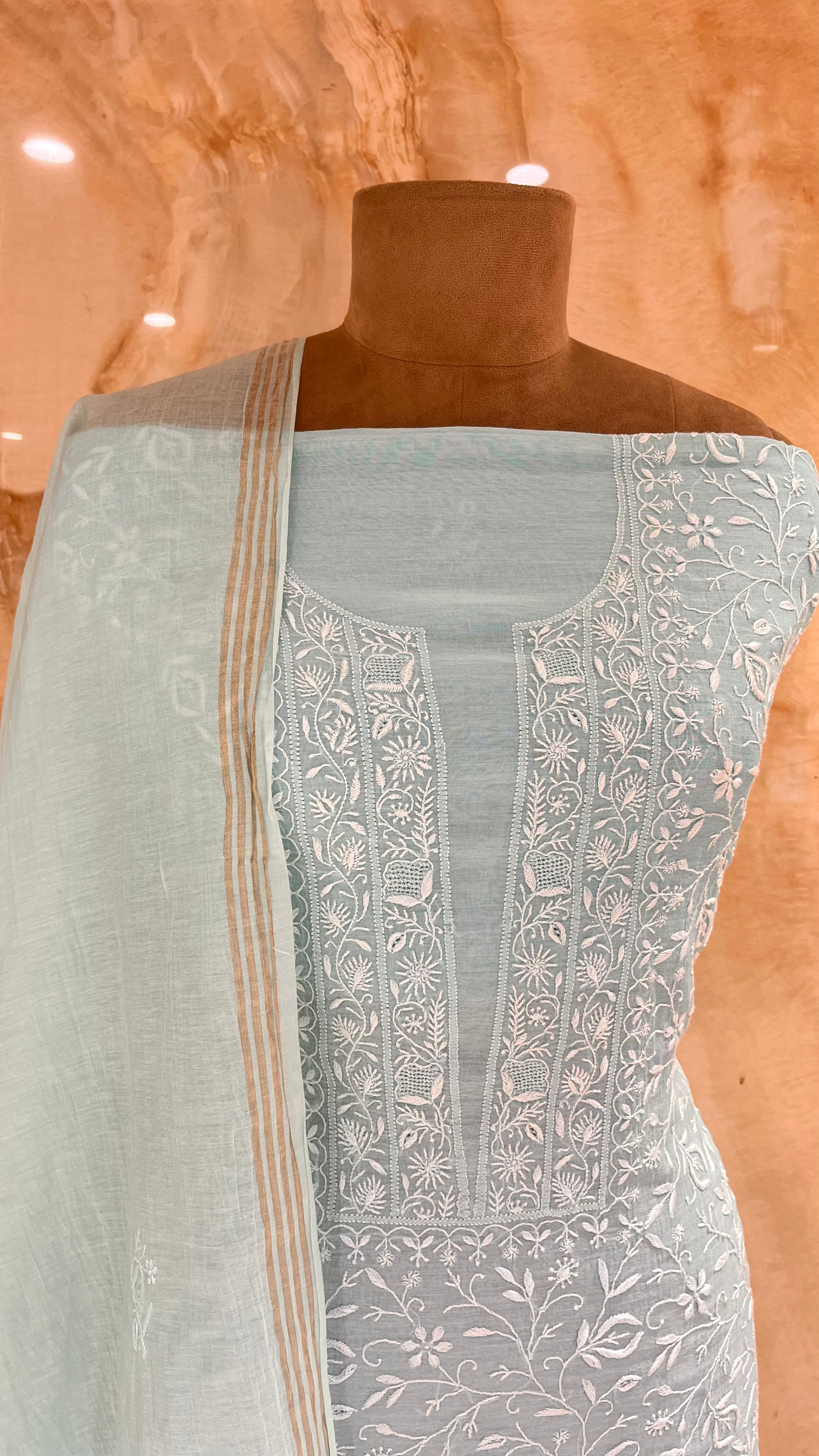 ELEGANT PASTEL GREEN EMBROIDERED UNSTITCHED SUIT SET