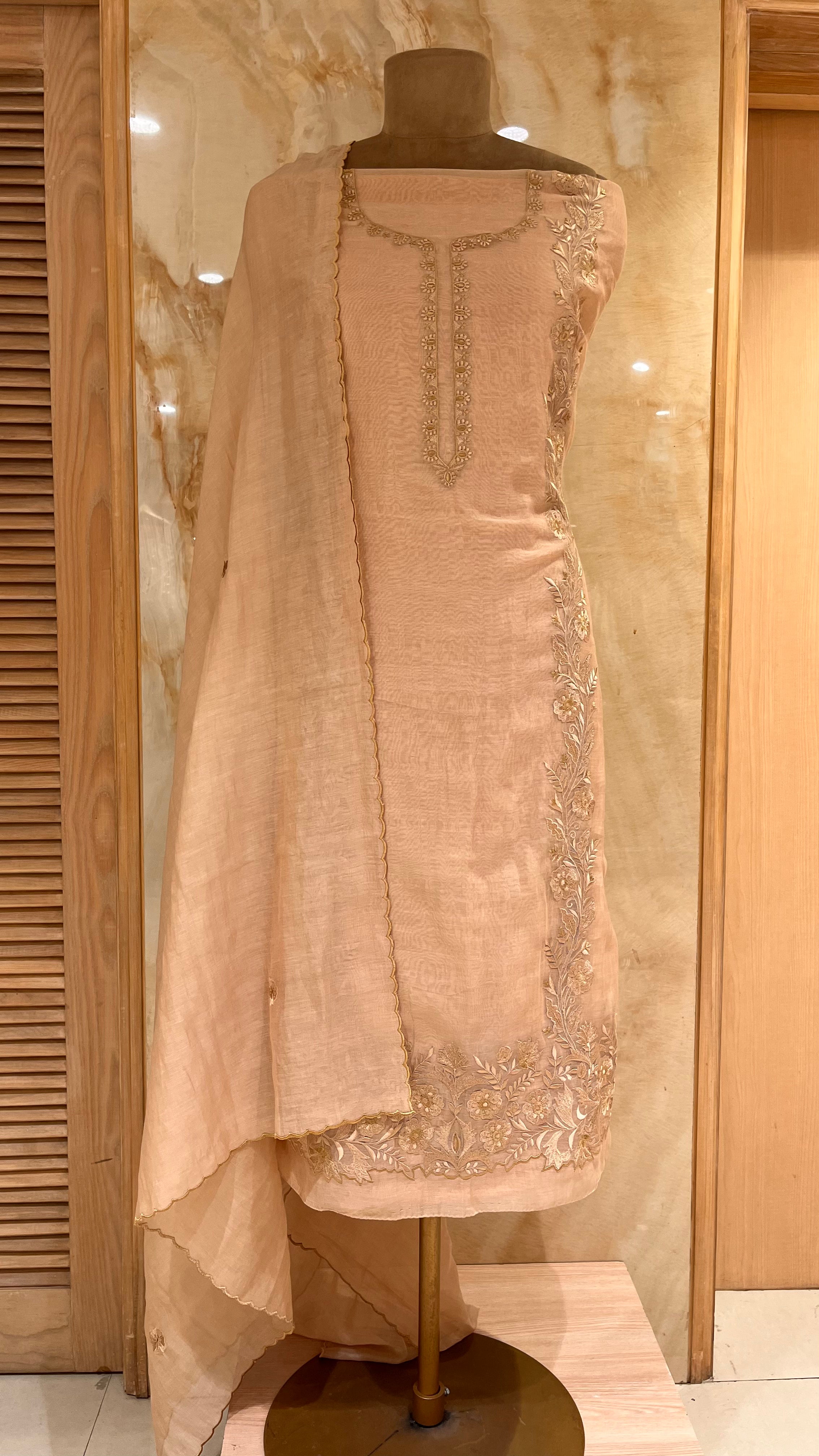ELEGANT PEACH EMBROIDERED UNSTITCHED SUIT SET