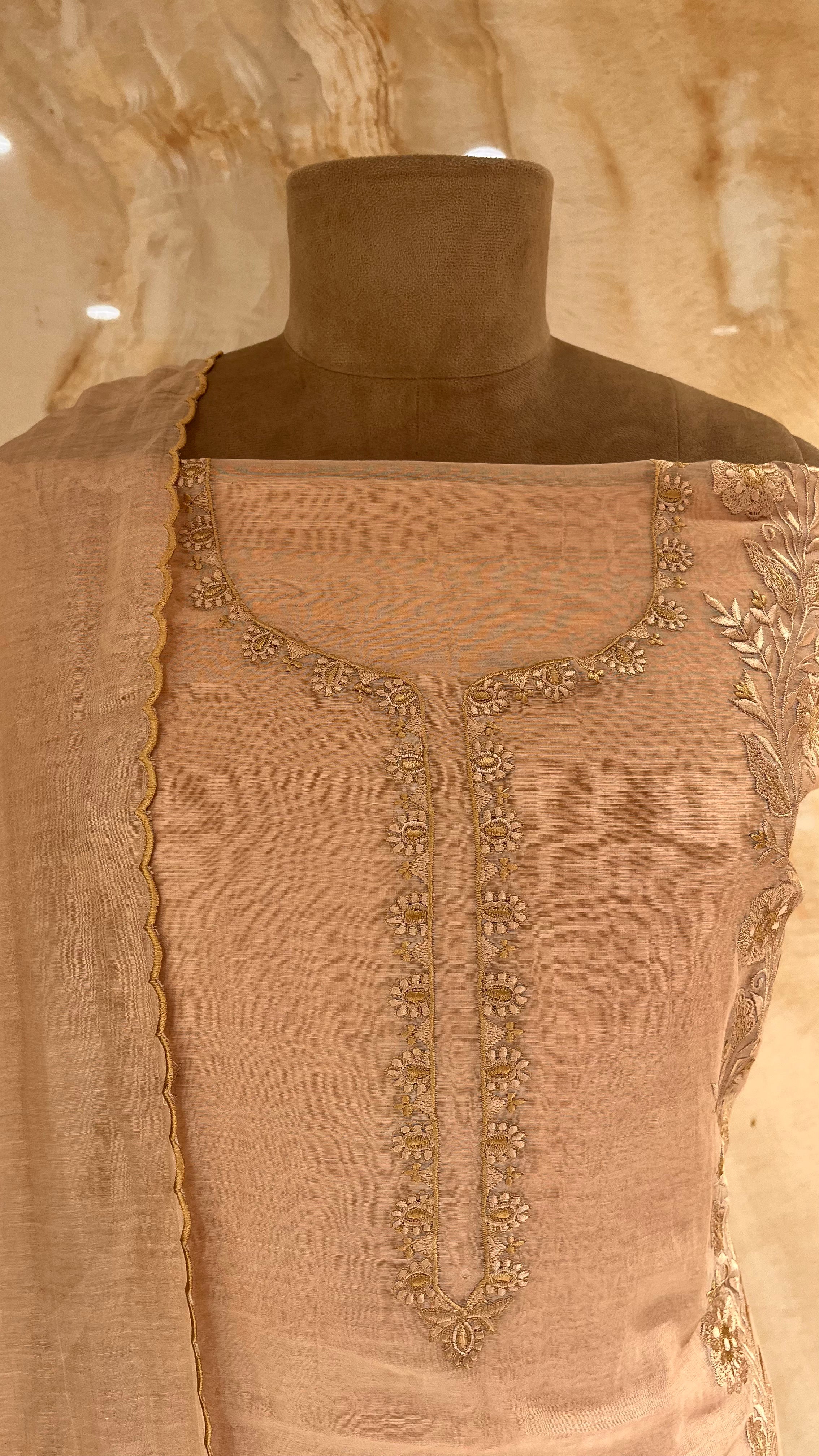 ELEGANT PEACH EMBROIDERED UNSTITCHED SUIT SET