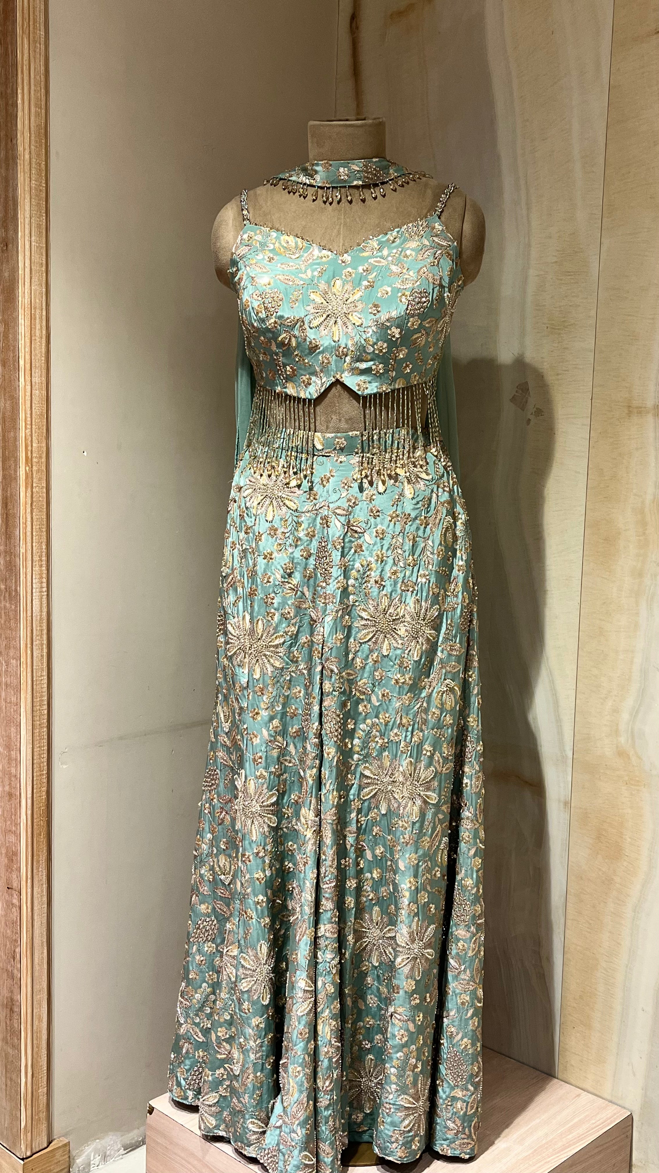 AQUA BLUE EMBROIDERED READYMADE PALAZZO SUIT
