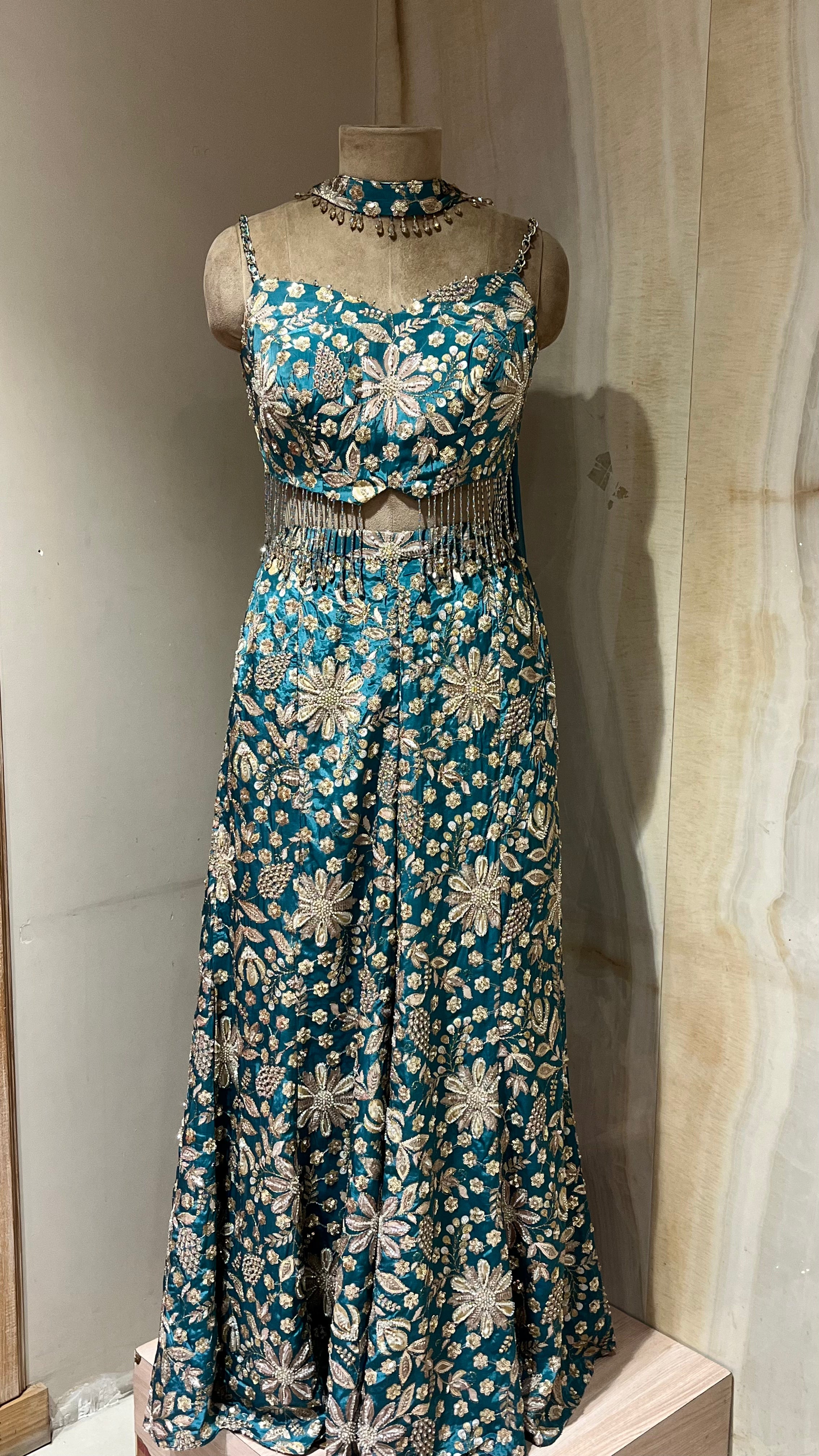 TEAL BLUE EMBROIDERED READYMADE PALAZZO SUIT