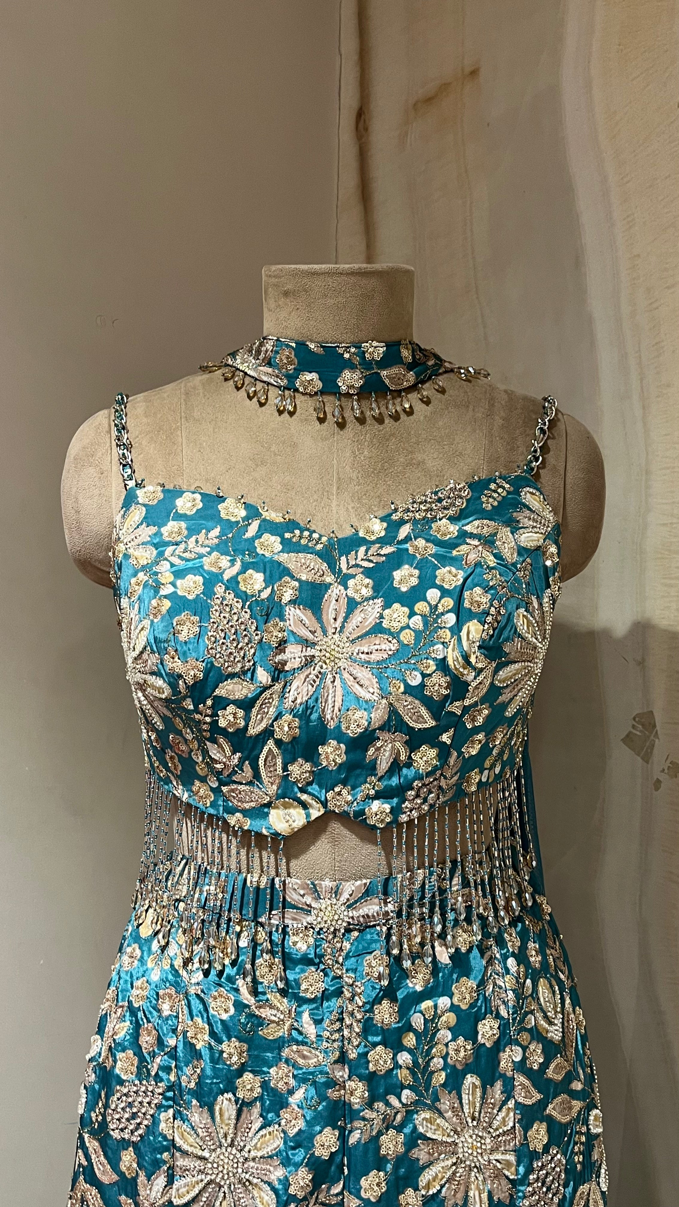 TEAL BLUE EMBROIDERED READYMADE PALAZZO SUIT