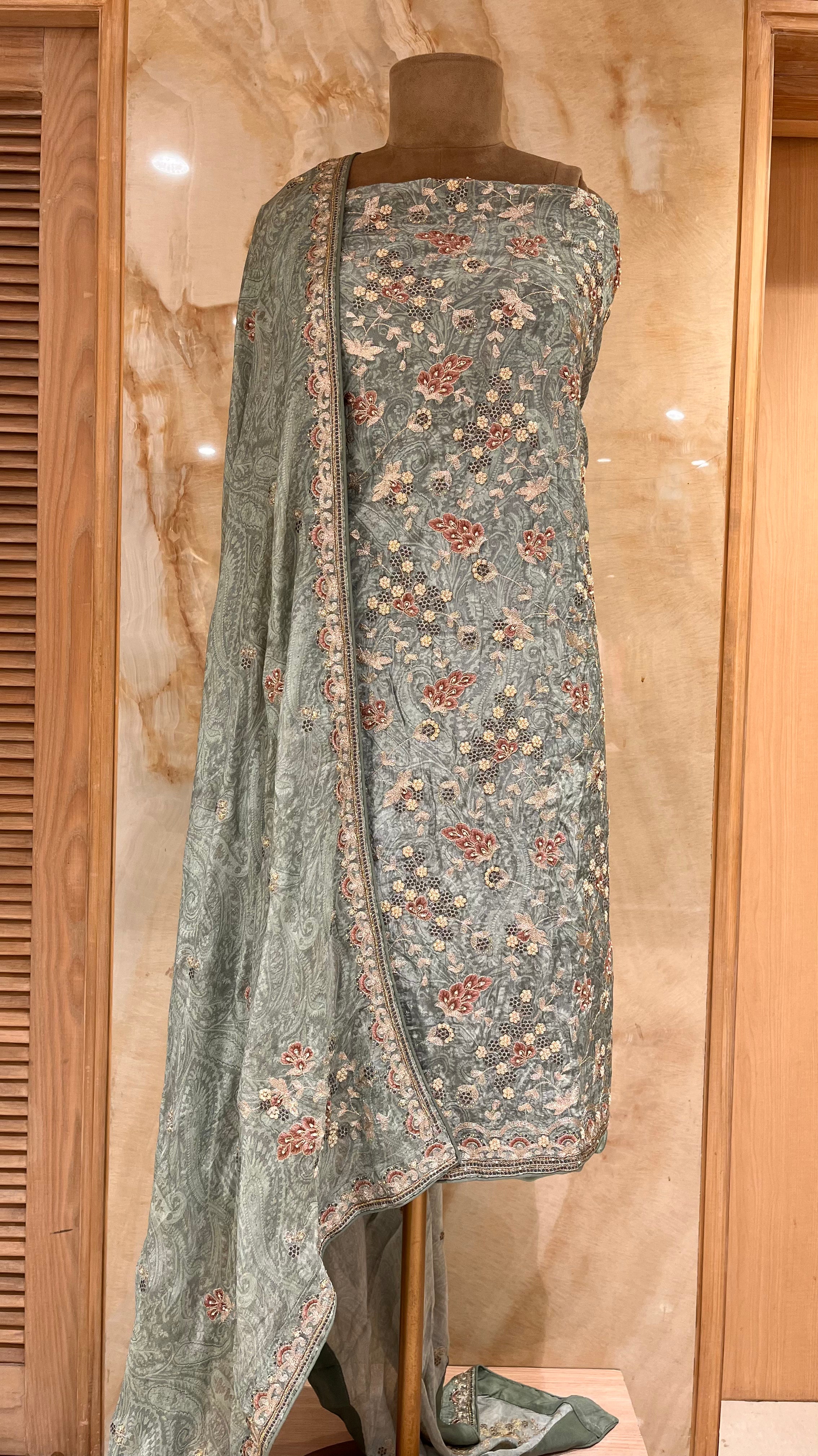 ELEGANT SAGE GREEN FLORAL EMBROIDERED UNSTITCHED SUIT SET