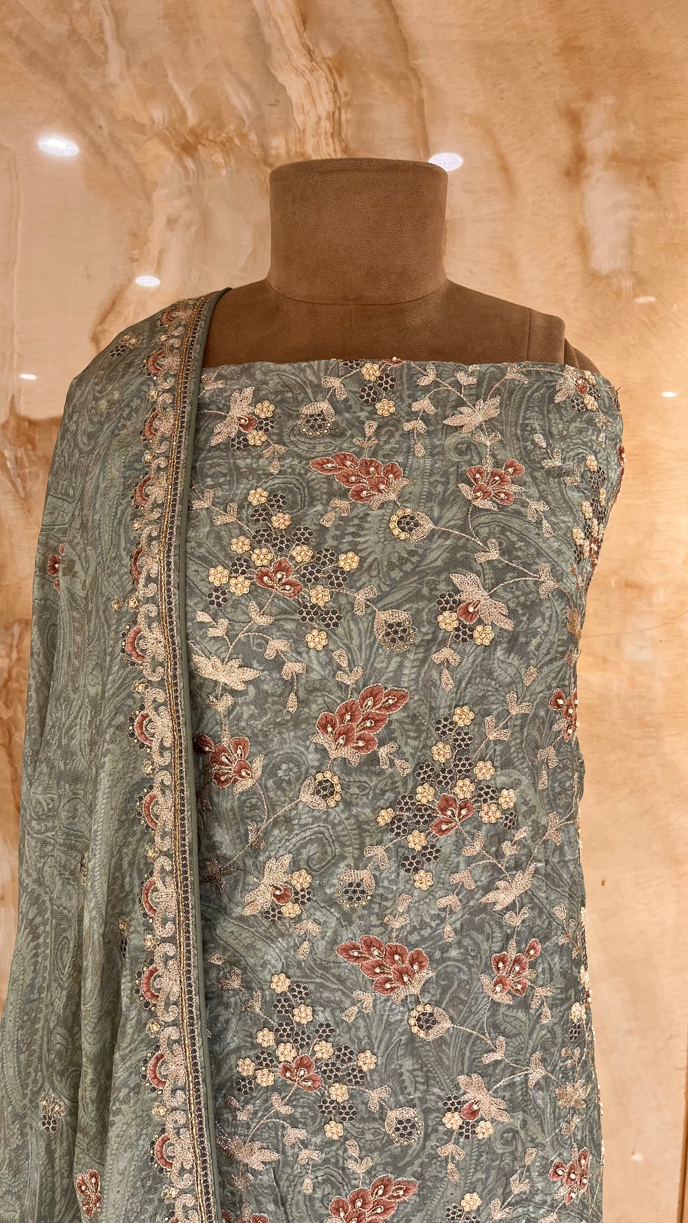 ELEGANT SAGE GREEN FLORAL EMBROIDERED UNSTITCHED SUIT SET