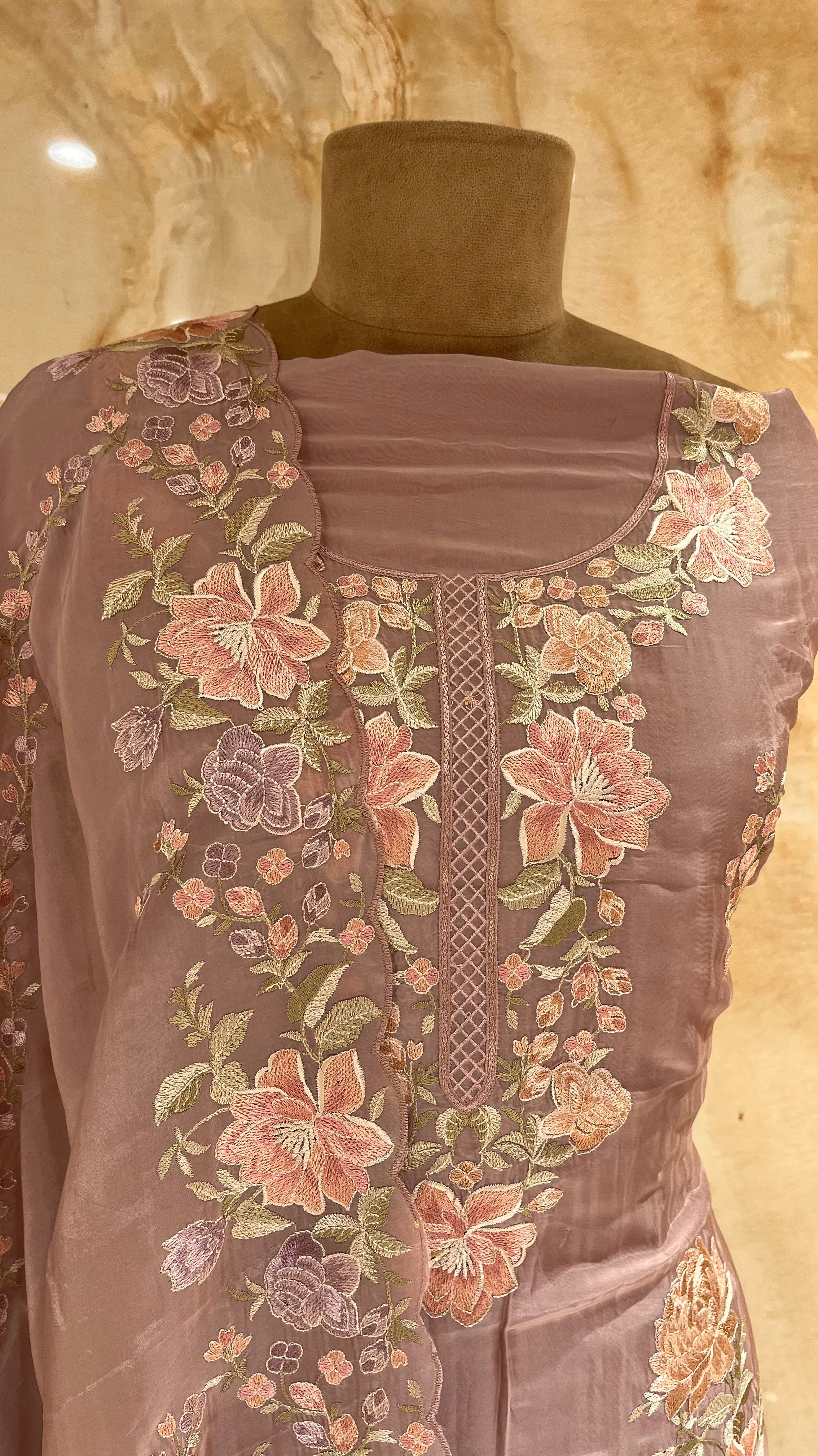 LUXURIOUS MAUVE FLORAL EMBROIDERED UNSTITCHED SUIT SET