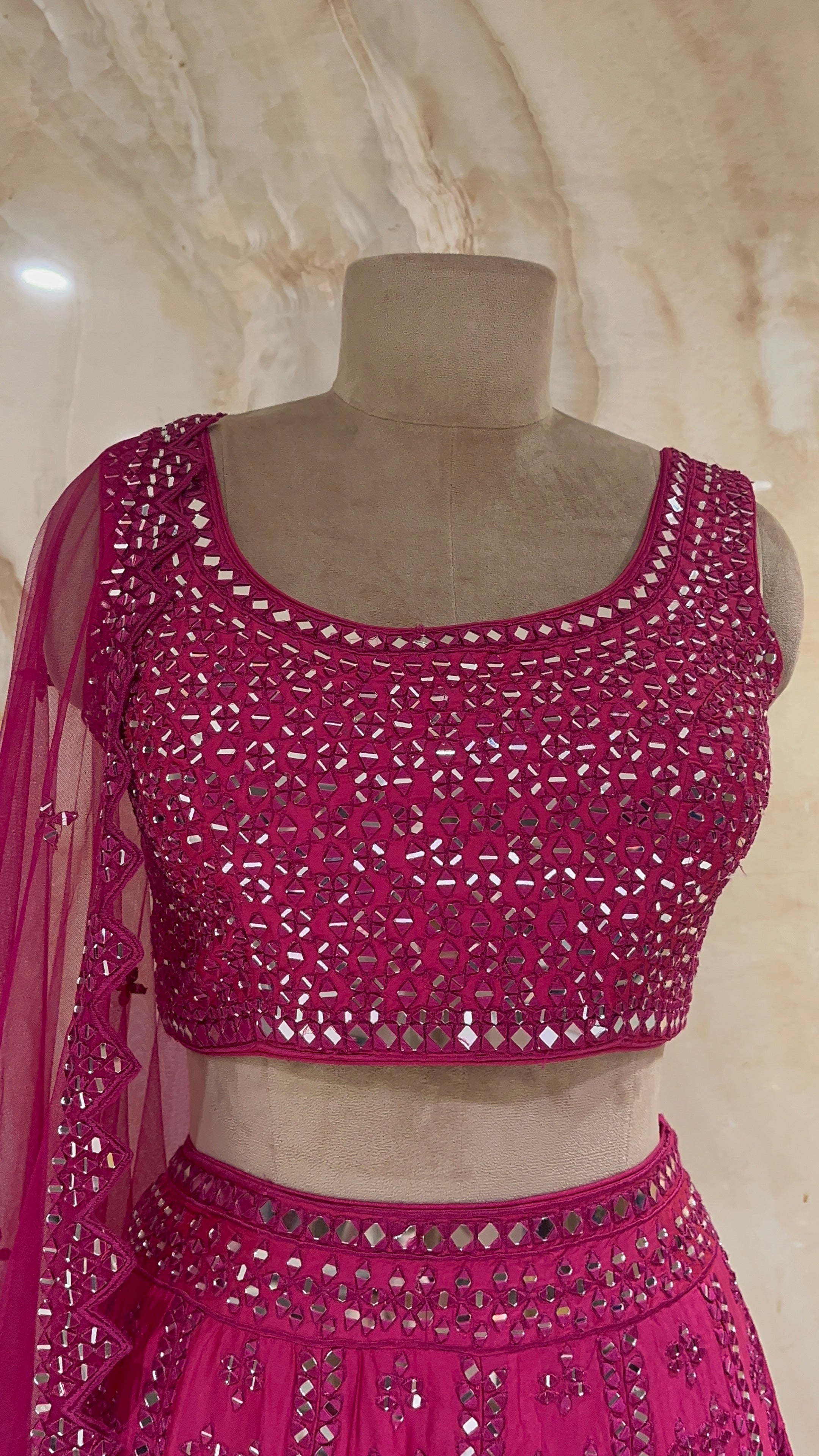 STUNNING MAGENTA DESIGNER LEHENGA WITH MIRROR & EMBROIDERY WORK