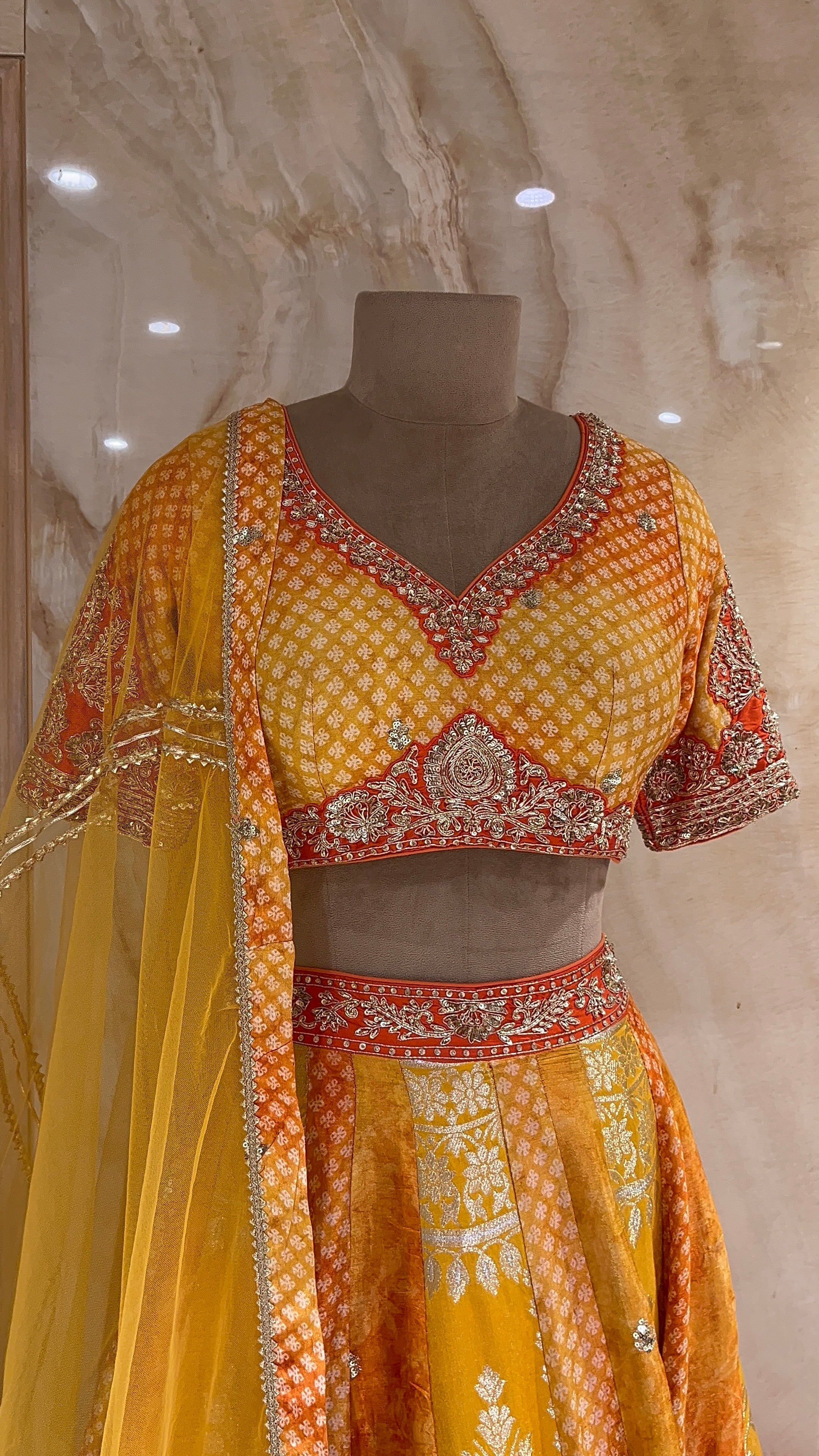 ELEGANT YELLOW & ORANGE DESIGNER LEHENGA WITH FLORAL & EMBROIDERY WORK