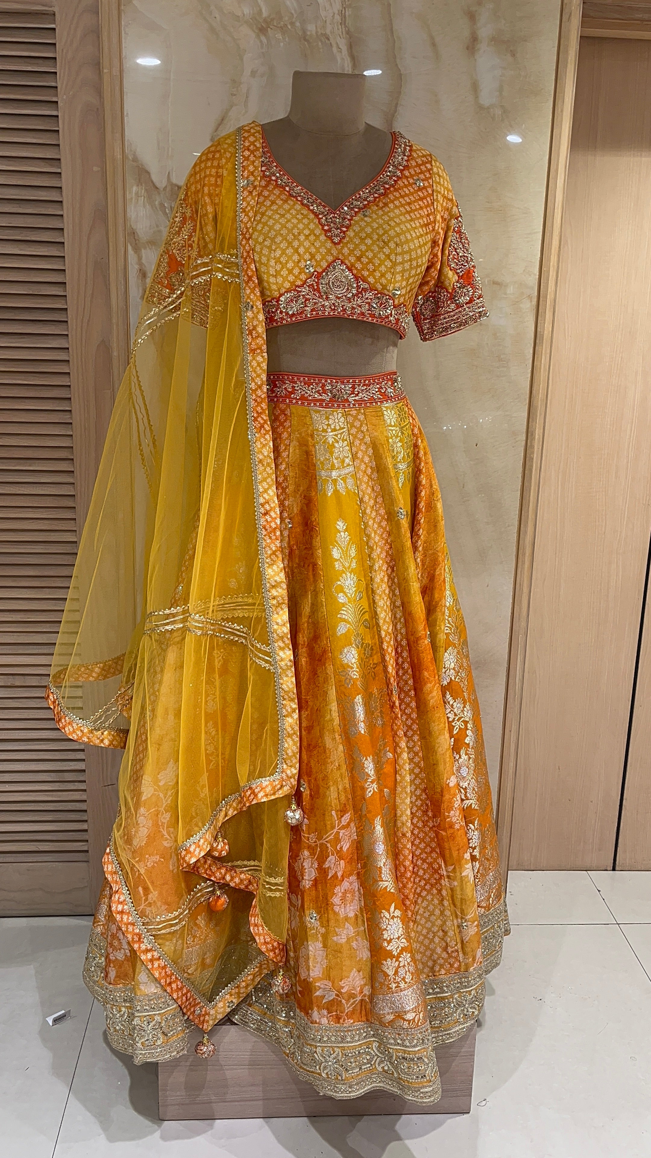 ELEGANT YELLOW & ORANGE DESIGNER LEHENGA WITH FLORAL & EMBROIDERY WORK
