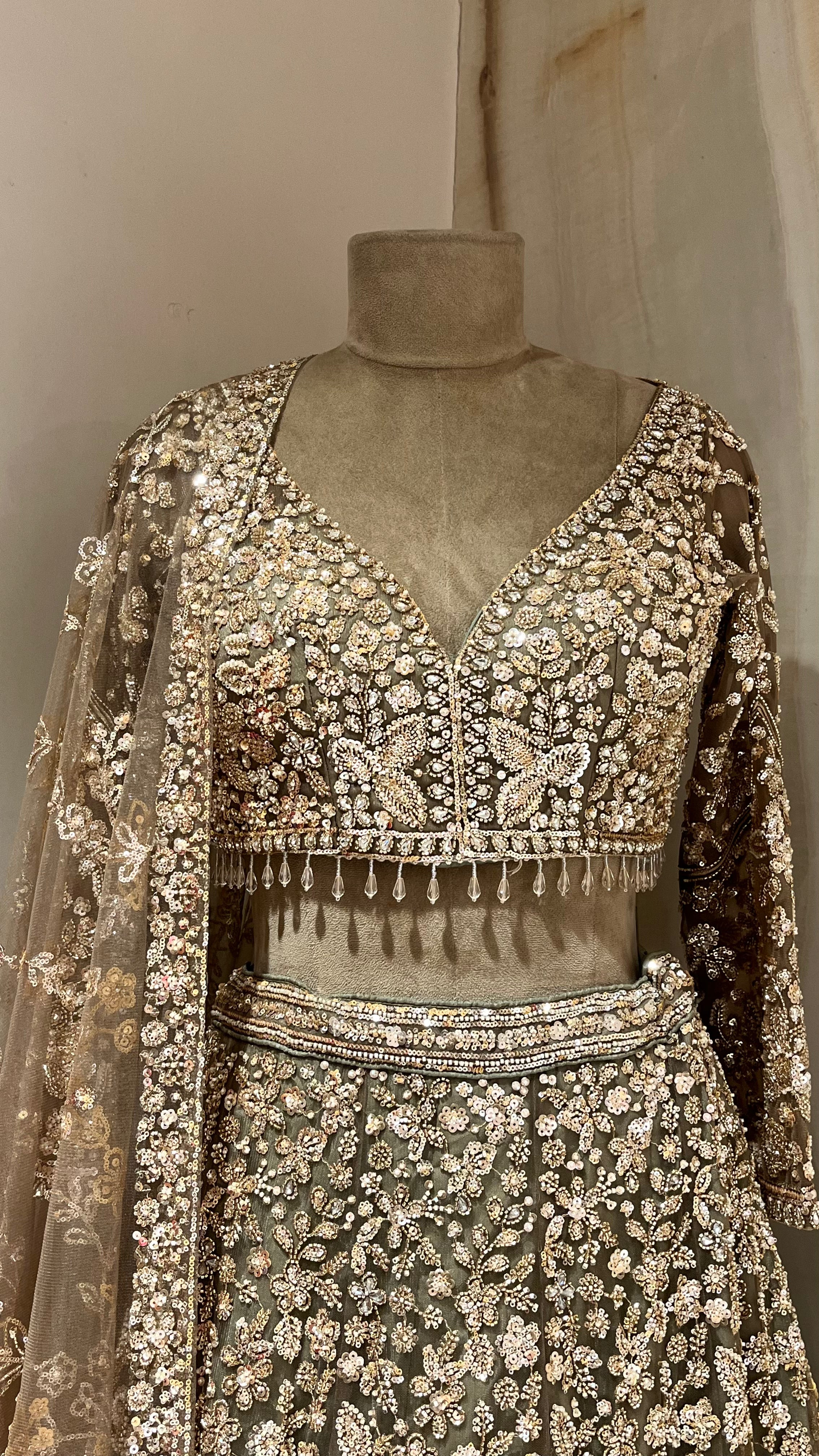 OLIVE GREEN HEAVY EMBROIDERED LEHENGA SET