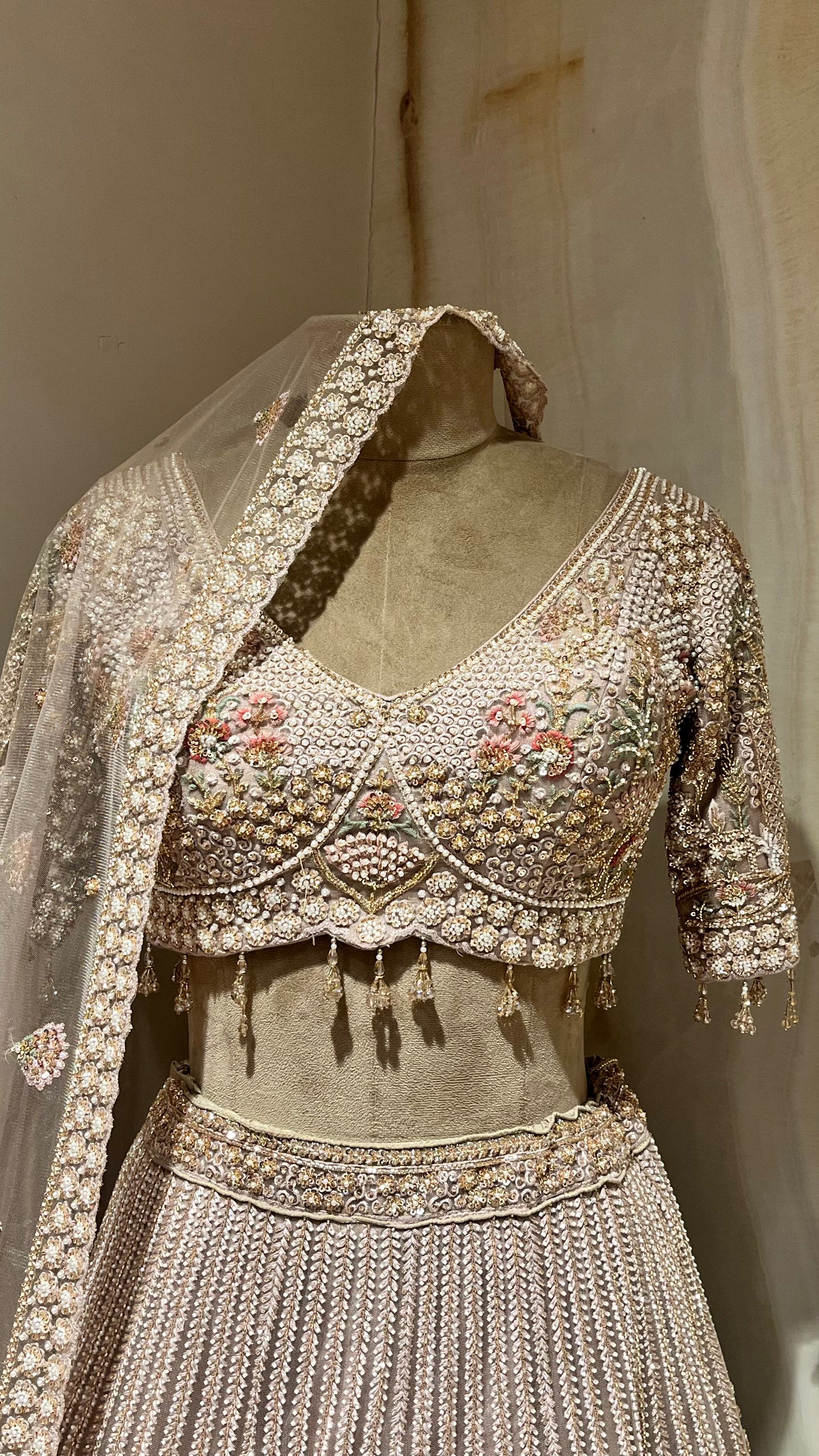 BEIGE HEAVY EMBROIDERED BRIDAL LEHENGA SET
