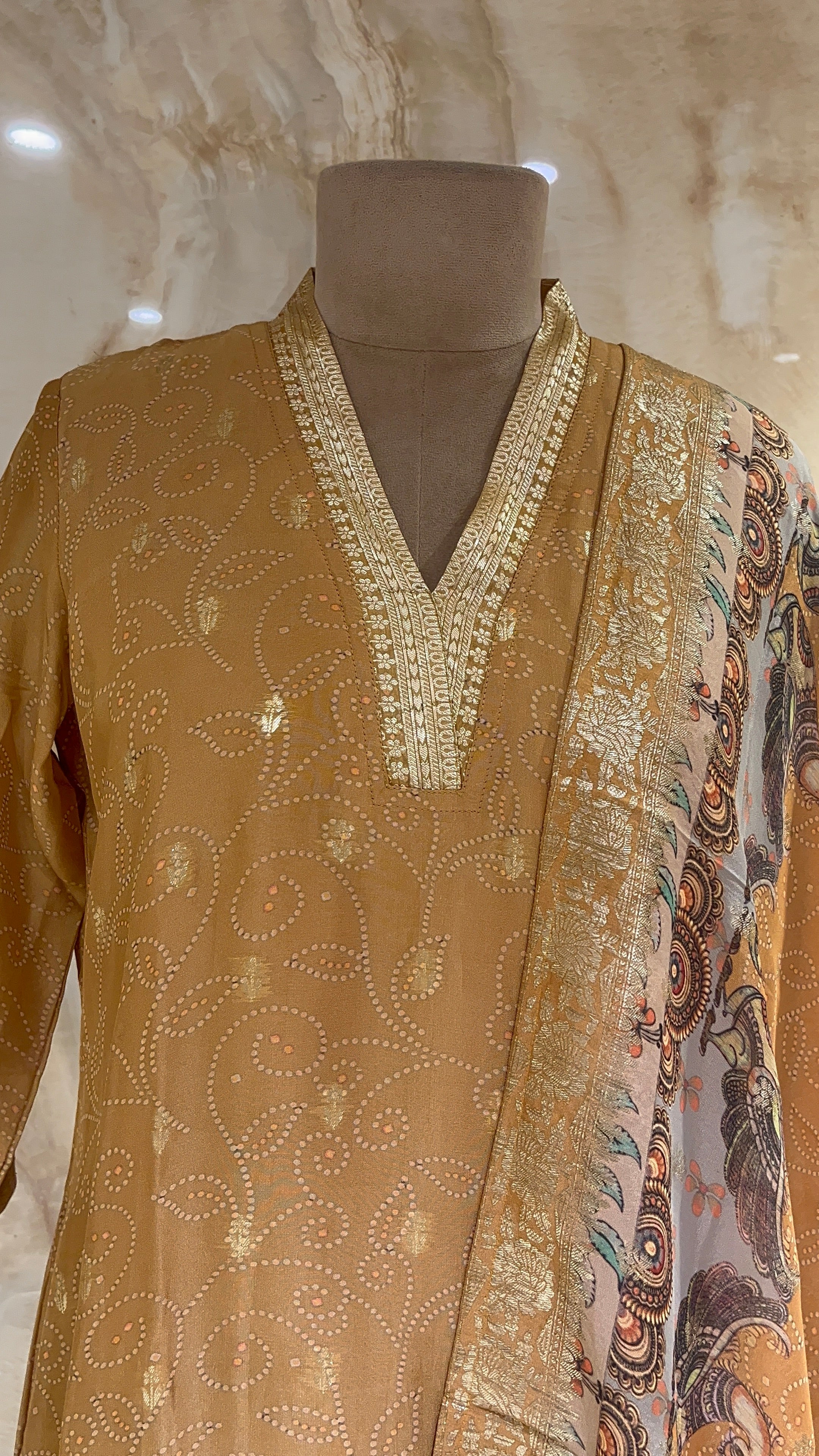 STYLISH MUSTARD GOLDEN READYMADE SUIT WITH PRINTED DUPATTA