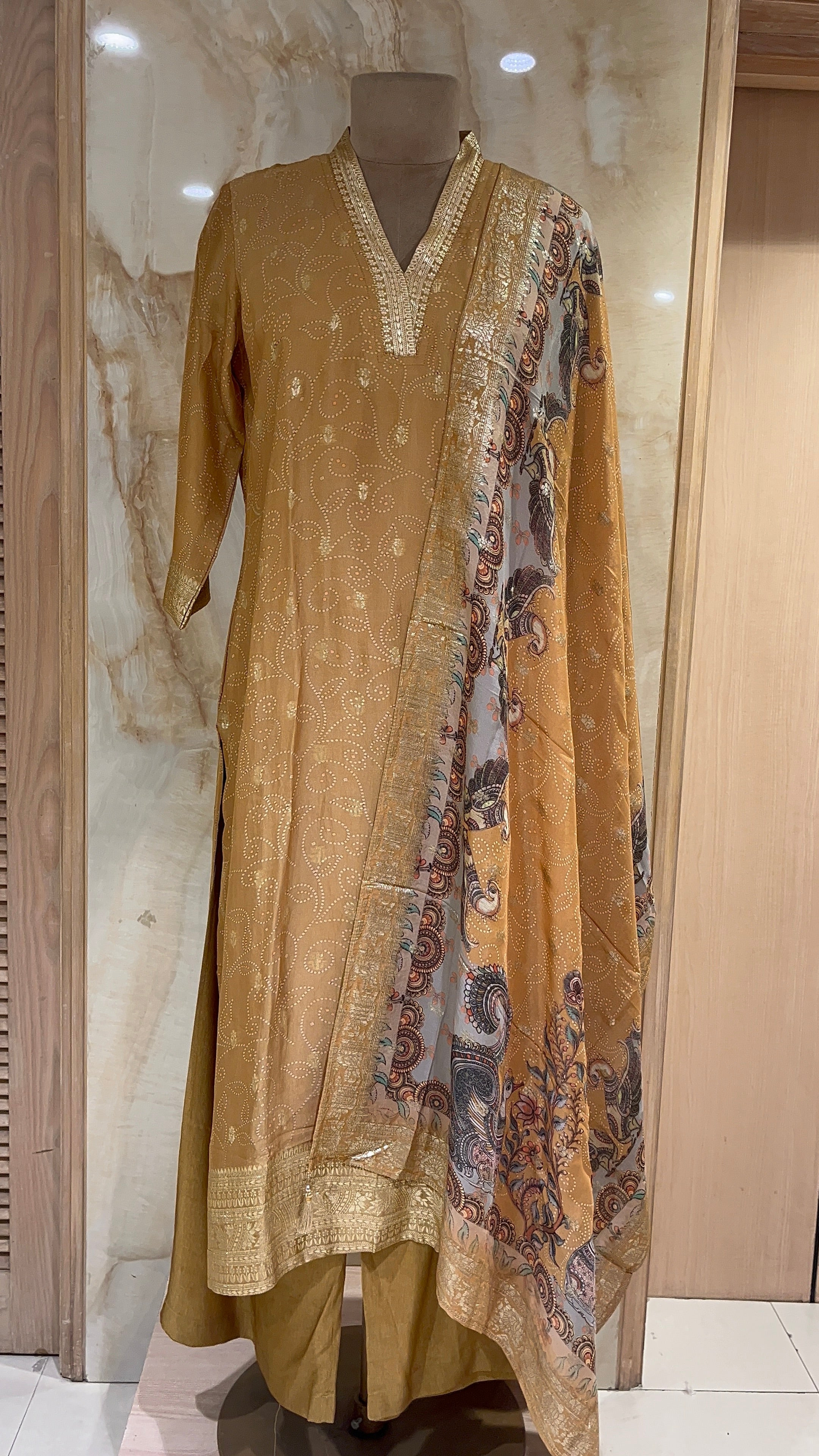 STYLISH MUSTARD GOLDEN READYMADE SUIT WITH PRINTED DUPATTA