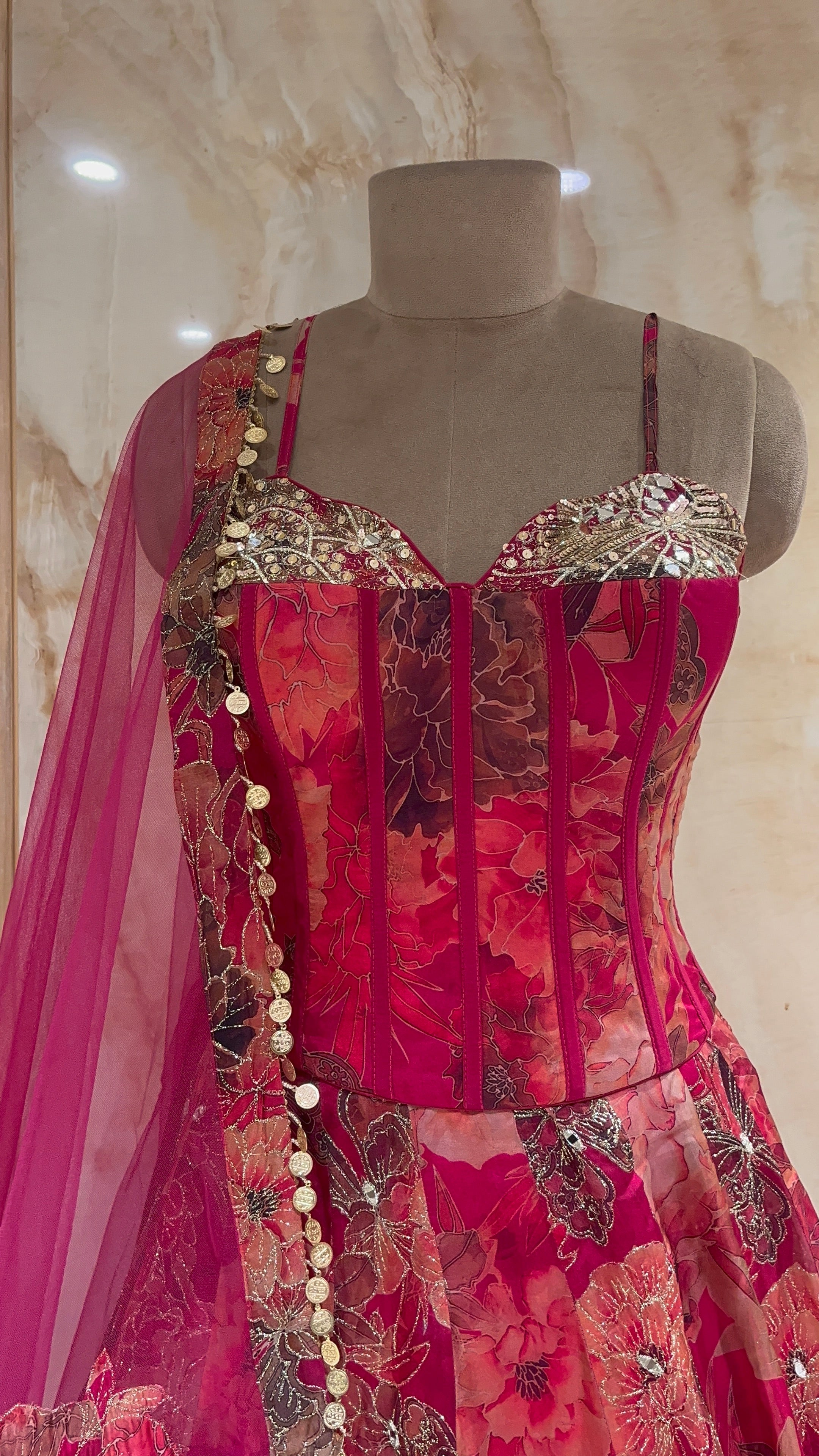 STYLISH PINK FLORAL DESIGNER LEHENGA WITH EMBELLISHED BLOUSE