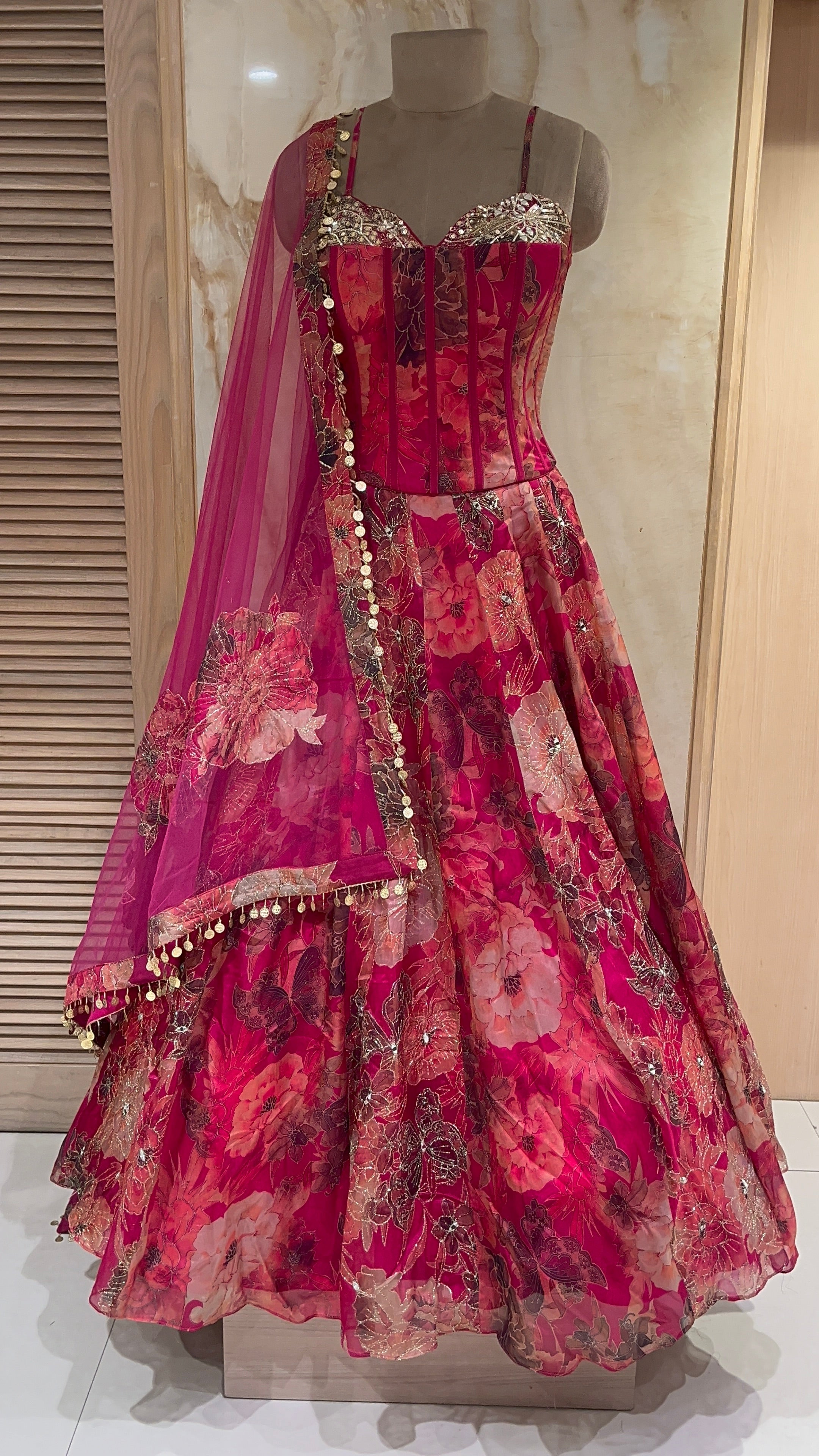 STYLISH PINK FLORAL DESIGNER LEHENGA WITH EMBELLISHED BLOUSE
