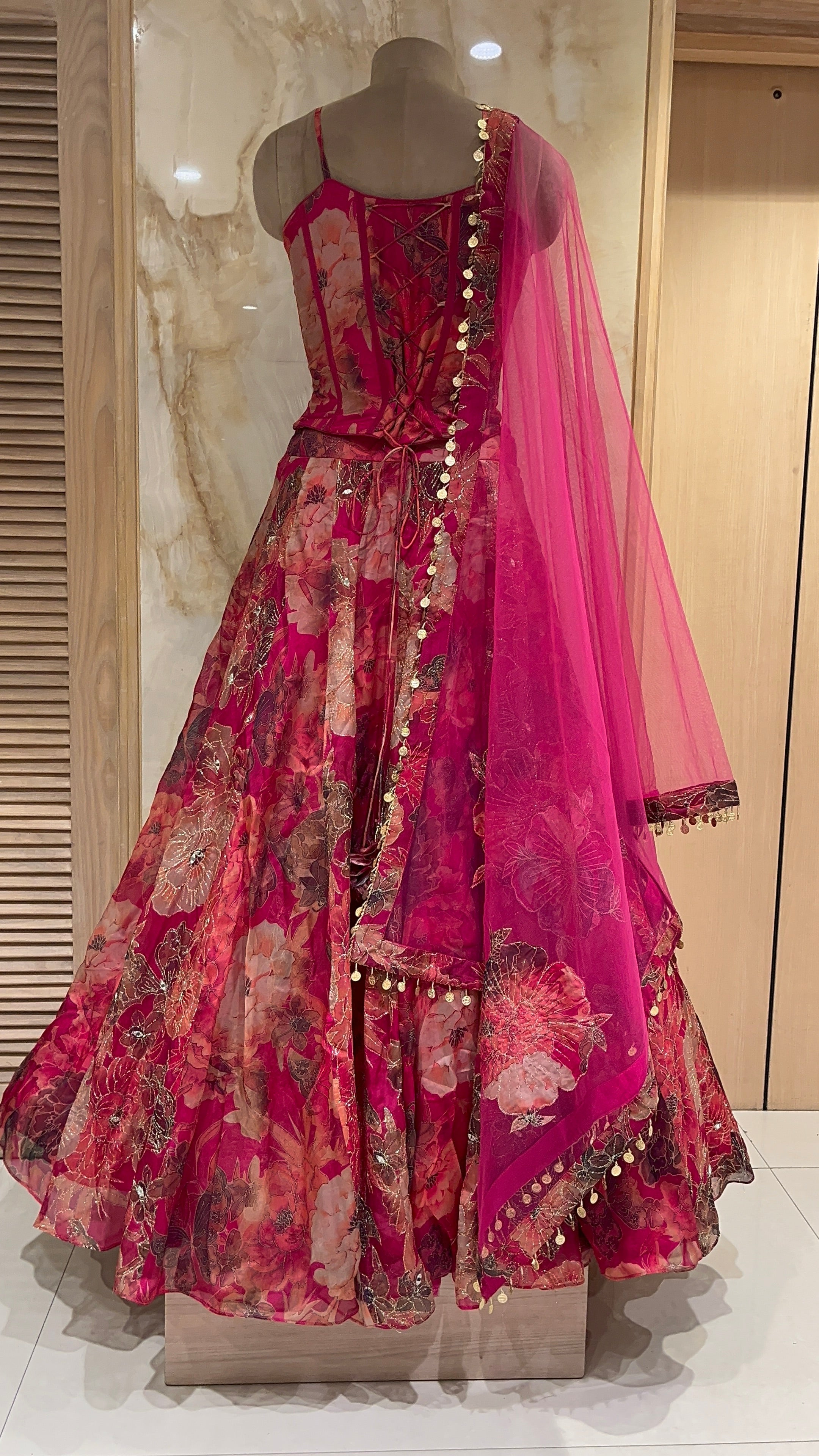 STYLISH PINK FLORAL DESIGNER LEHENGA WITH EMBELLISHED BLOUSE