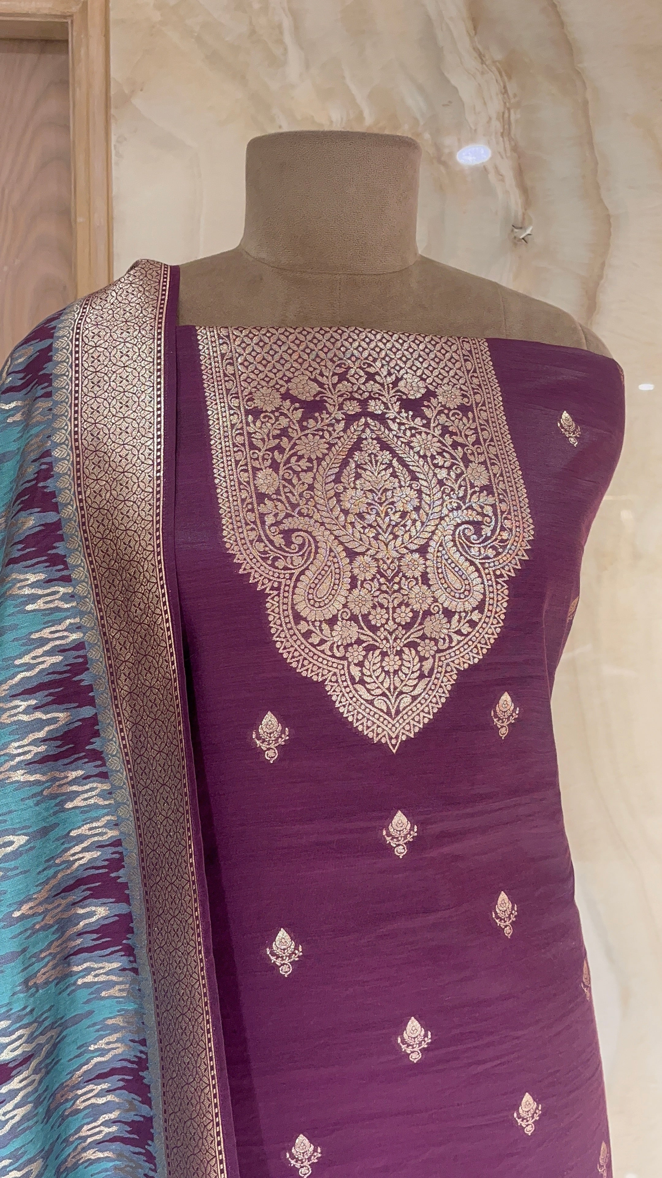 ELEGANT WINE COLOUR UNSTITCHED SUIT WITH RICH WOVEN DUPATTA