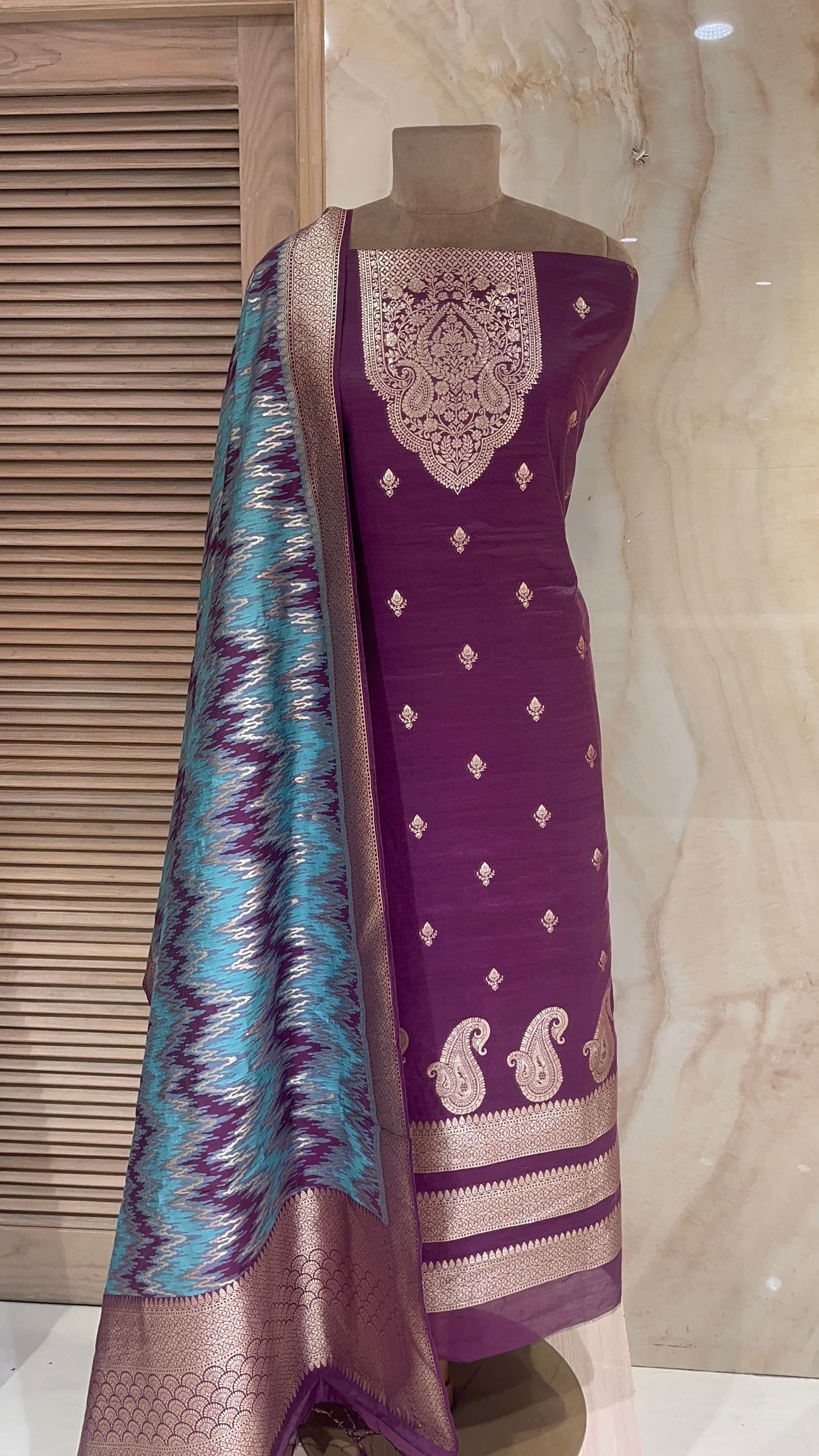 ELEGANT WINE COLOUR UNSTITCHED SUIT WITH RICH WOVEN DUPATTA