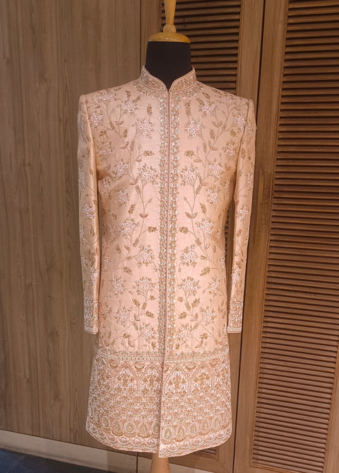 Peach Khadi Silk Embroidered Sherwani Set