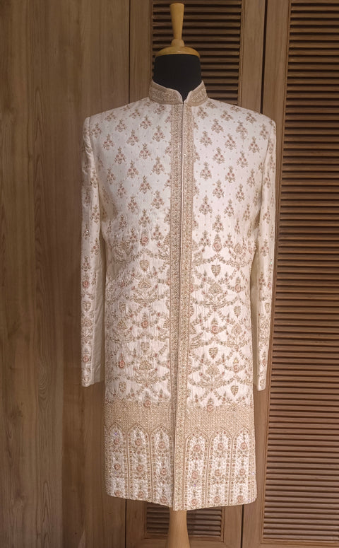 Off-White Dupin Silk Embroidered Sherwani Set