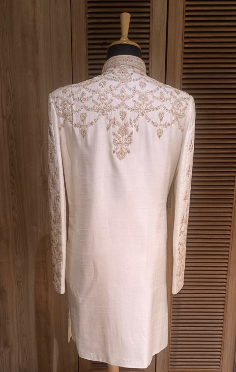 Off-White Dupin Silk Embroidered Sherwani Set