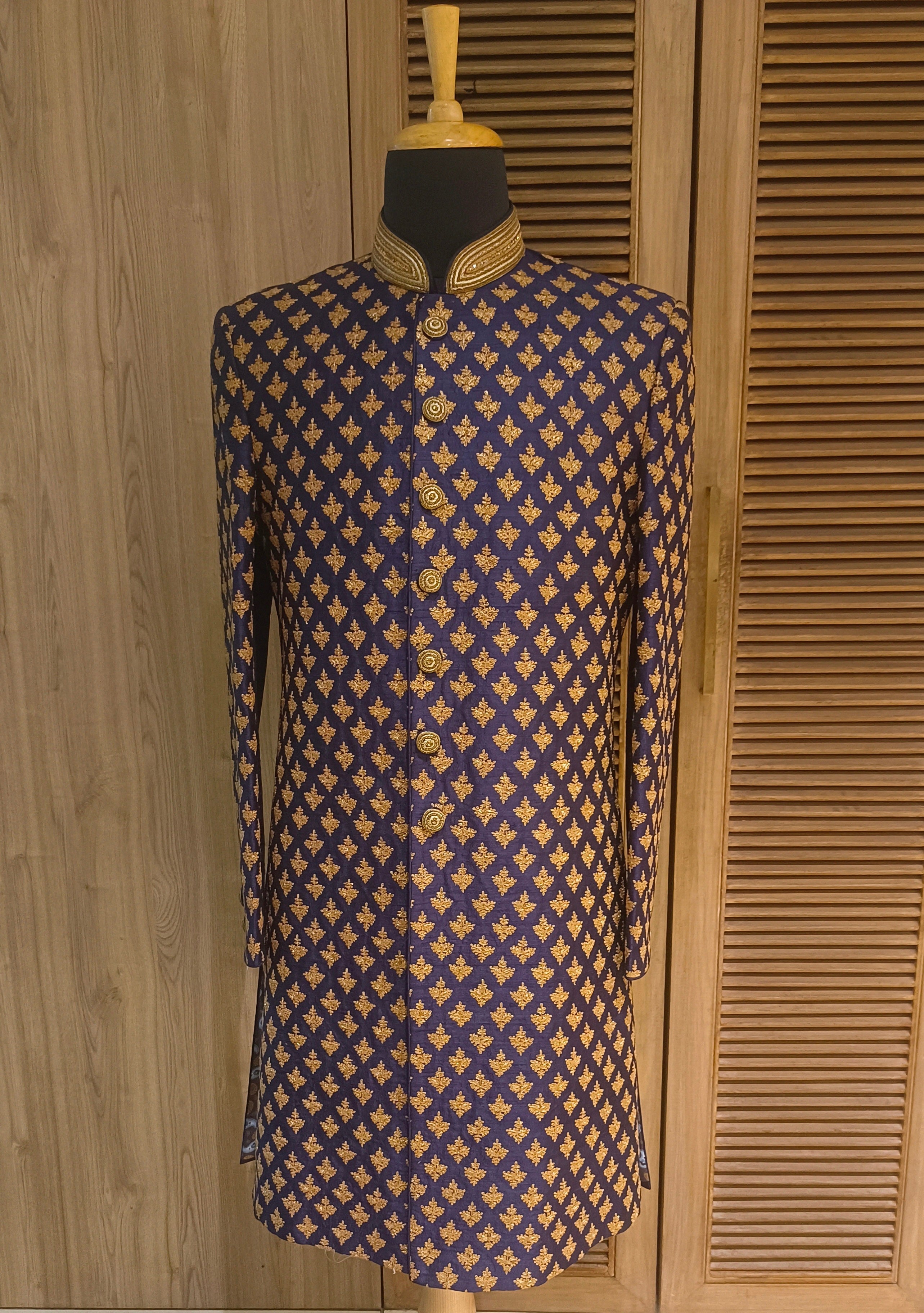 Navy Blue Dupin Silk Sherwani Set