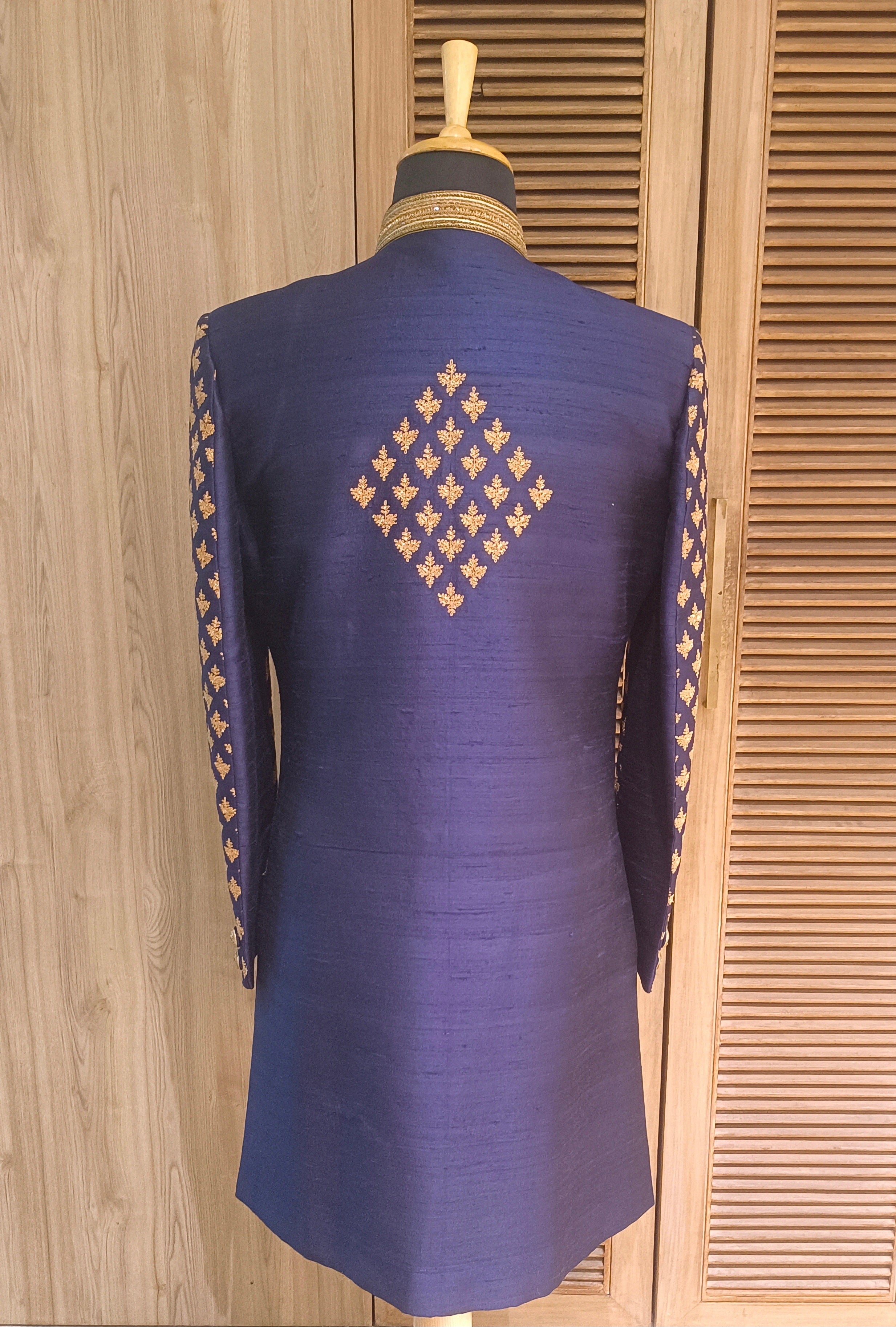 Navy Blue Dupin Silk Sherwani Set