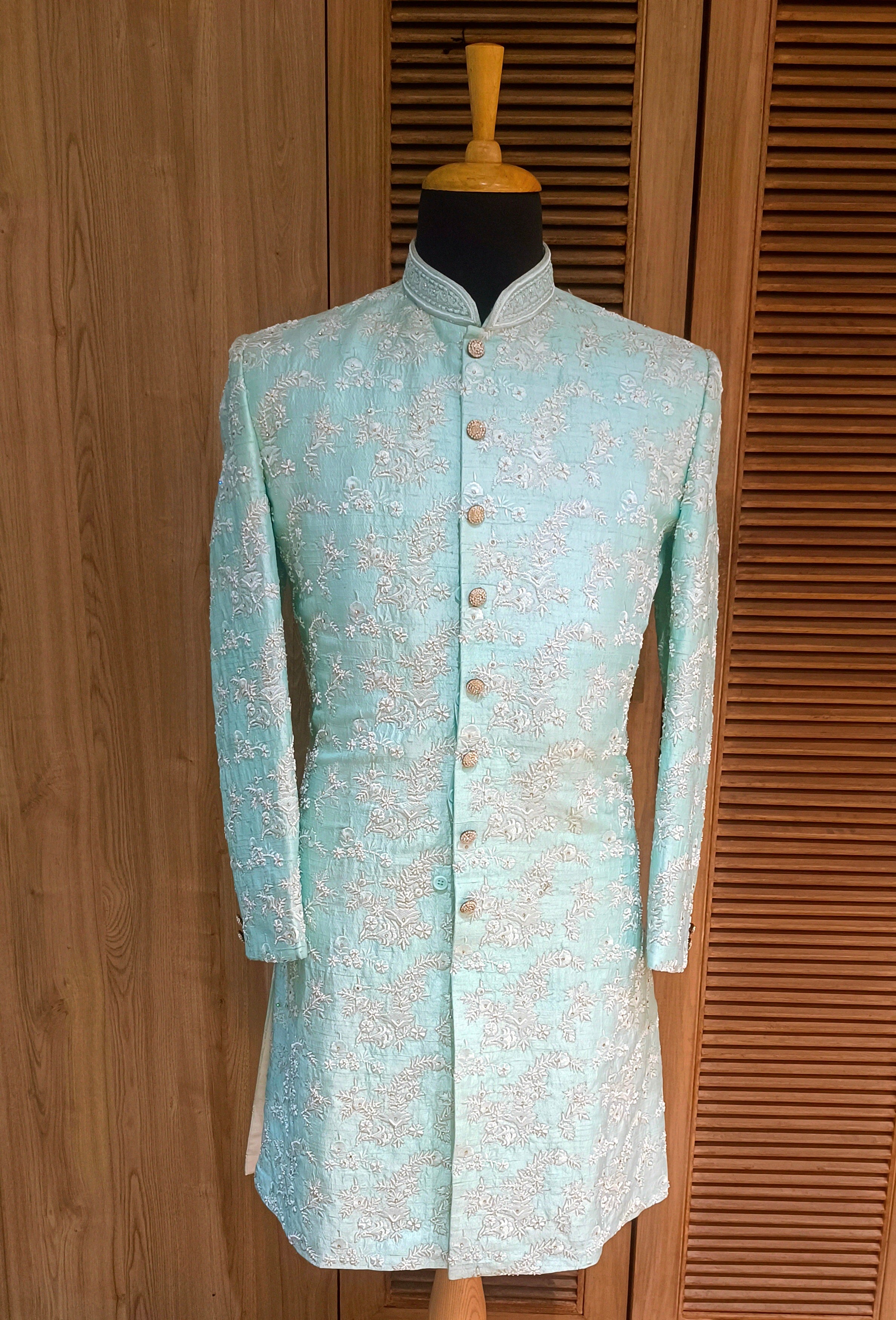 Sea Green Raw Silk Embroidered Sherwani Set