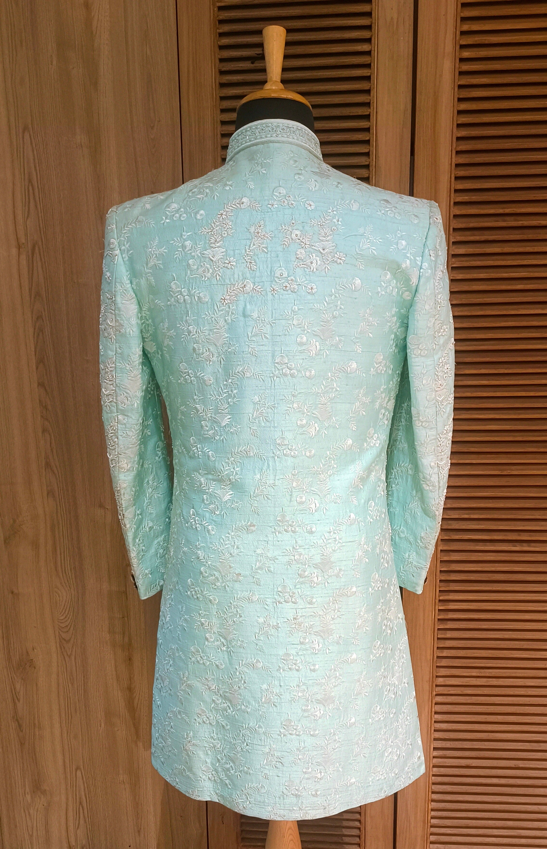 Sea Green Raw Silk Embroidered Sherwani Set