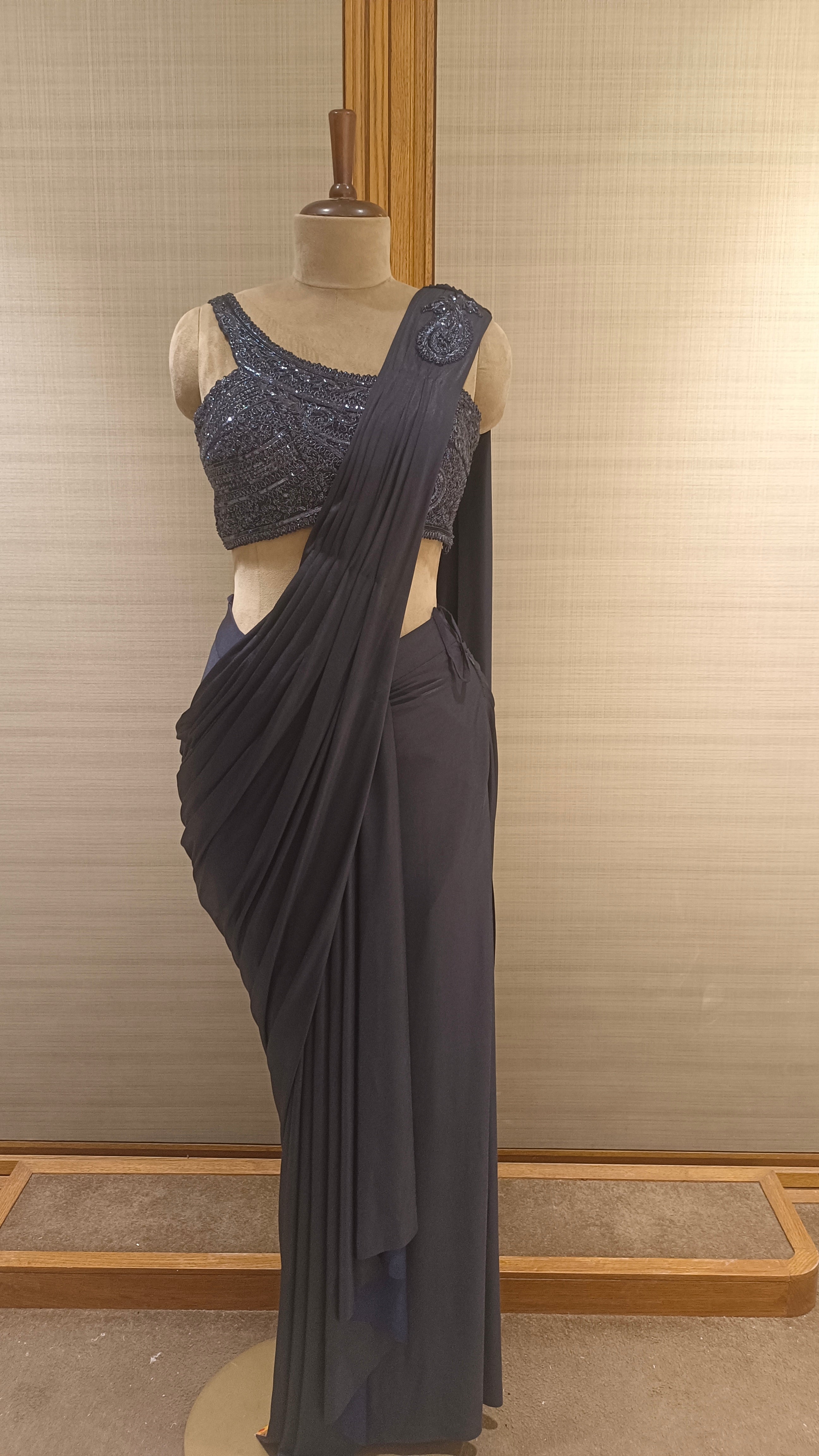 Navy Blue Lycra Saree with Embroidered Net Blouse and Sequins, Cut Dana, and Beads Work