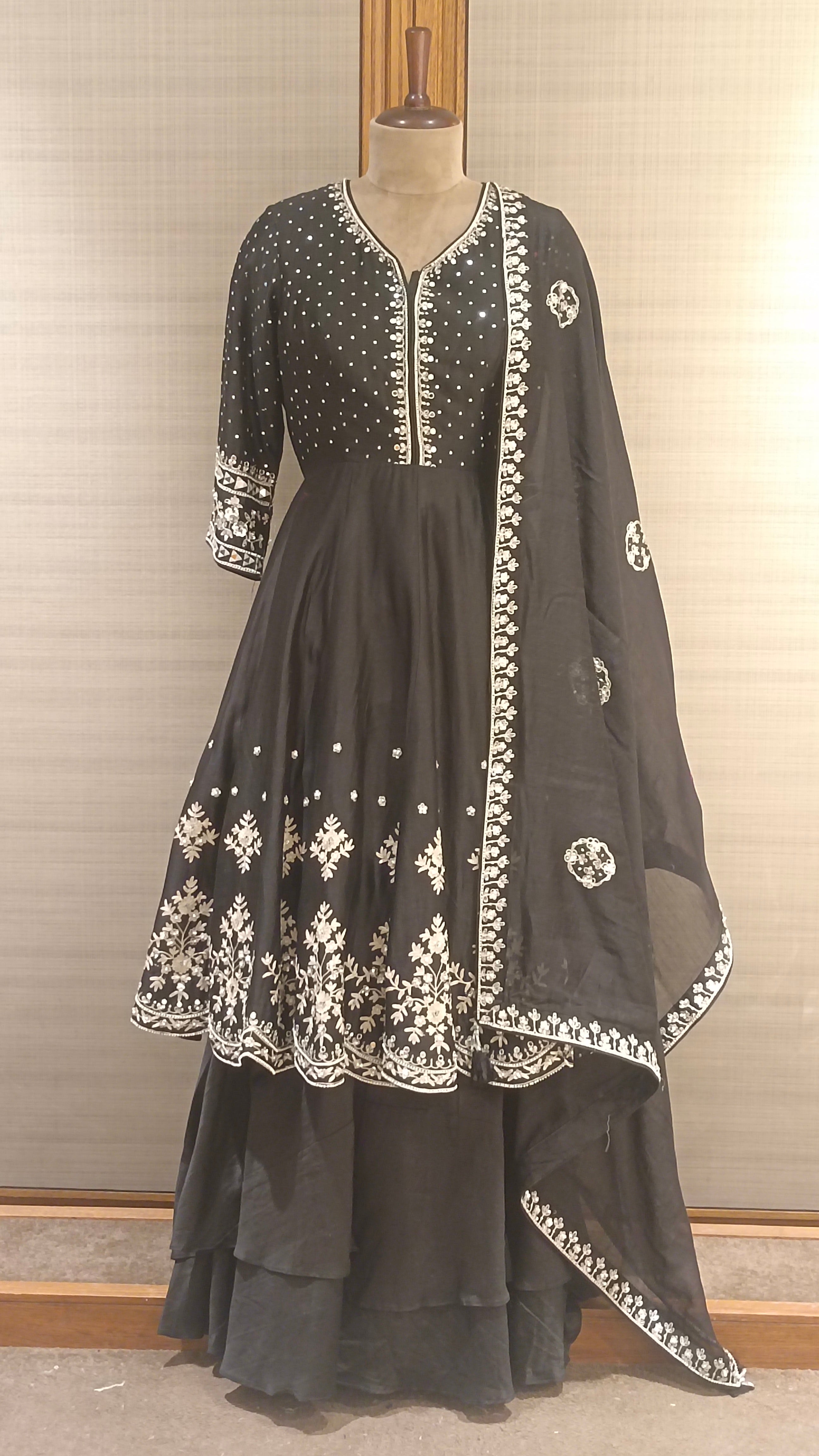 Exquisite Black Anarkali Sharara Set with Intricate Embroidery