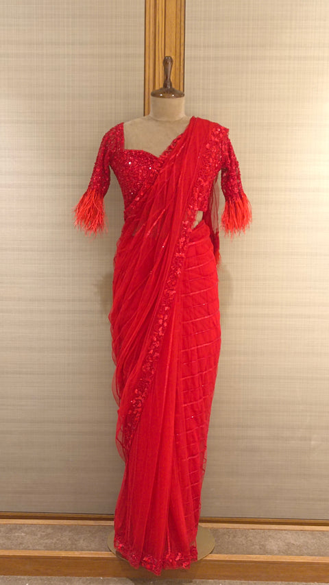 Red Net Saree with Cut Dana, Sequins, Beads, and Feather Accents