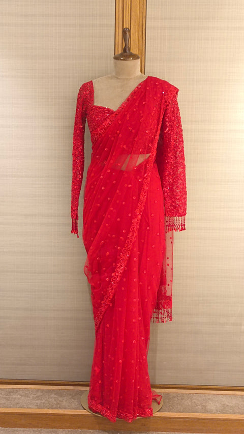 Red Net Saree with Floral Sequin Applique Cutwork and Bead Embroidered Blouse